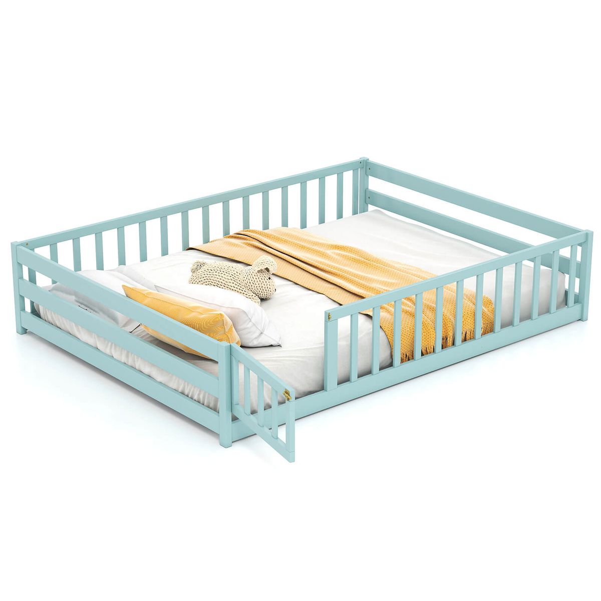 Full Size Floor Bed with Safety Guardrails - Icy Aqua