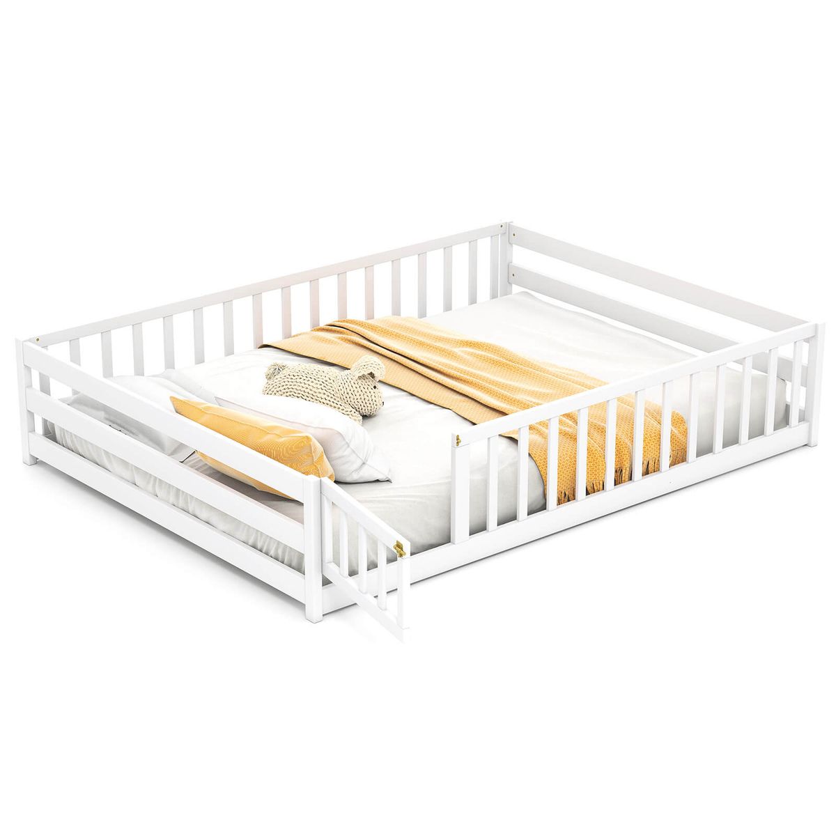 Full Size Floor Bed with Safety Guardrails - White