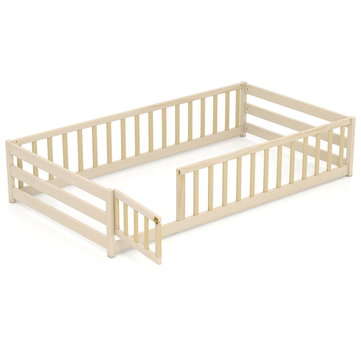 Twin Size Floor Bed with Gate and Safety Guardrails - Beige