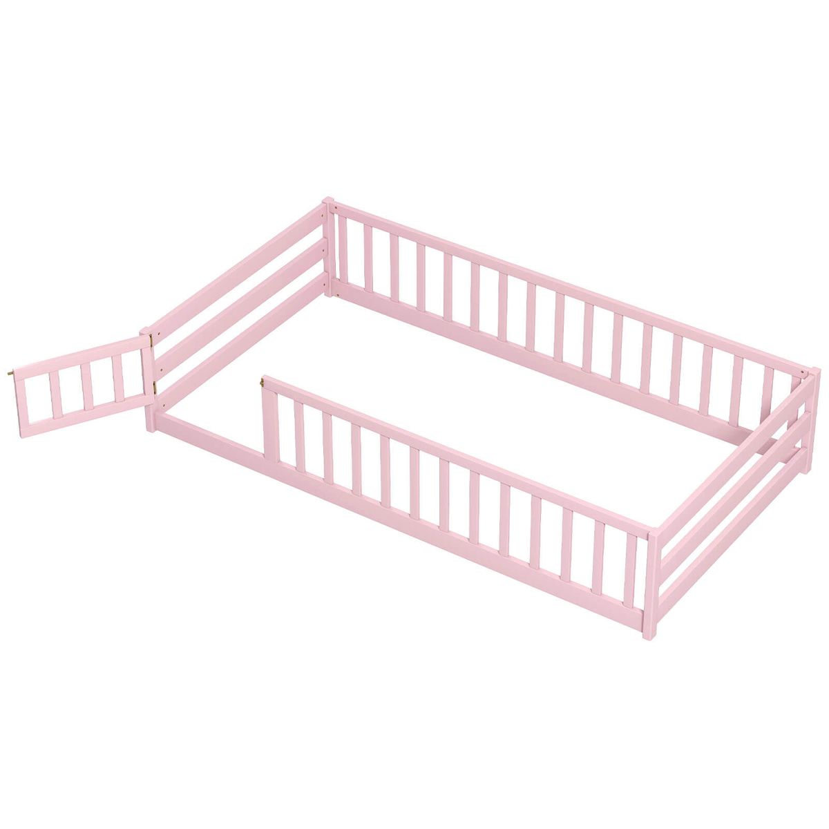 Photos - Bed Frame Costway Twin Size Floor Bed with Gate and Safety Guardrails - Pink HCST10232 