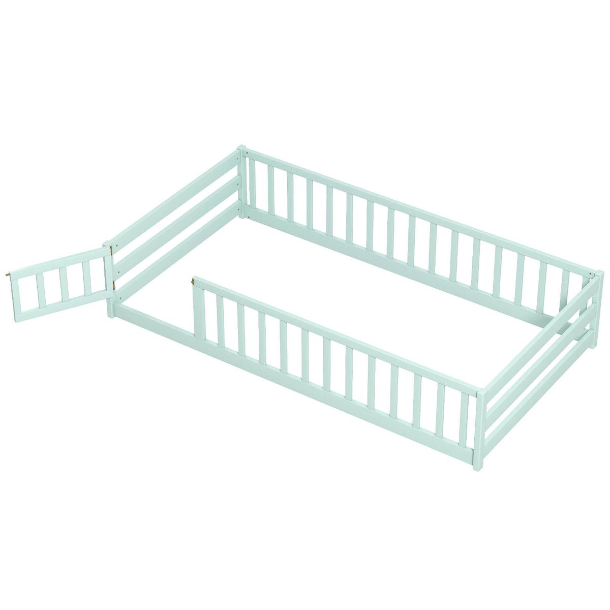 Photos - Bed Frame Costway Twin Size Floor Bed with Gate and Safety Guardrails - Mint Sky HCST10233