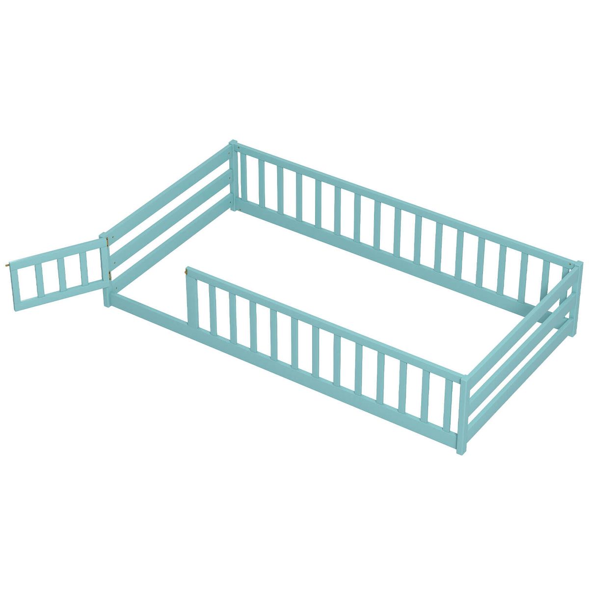 Twin Size Floor Bed with Gate and Safety Guardrails - Icy Aqua