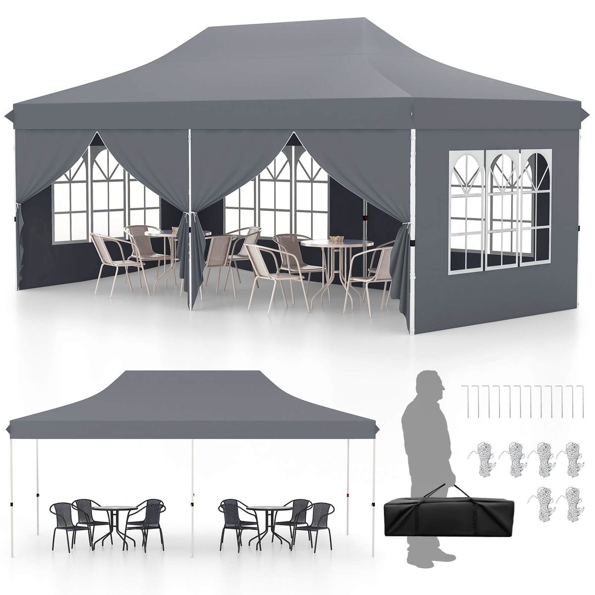 Outdoor 10 x 20 FT Pop-Up Canopy Tent with 6 Sidewalls - Gray