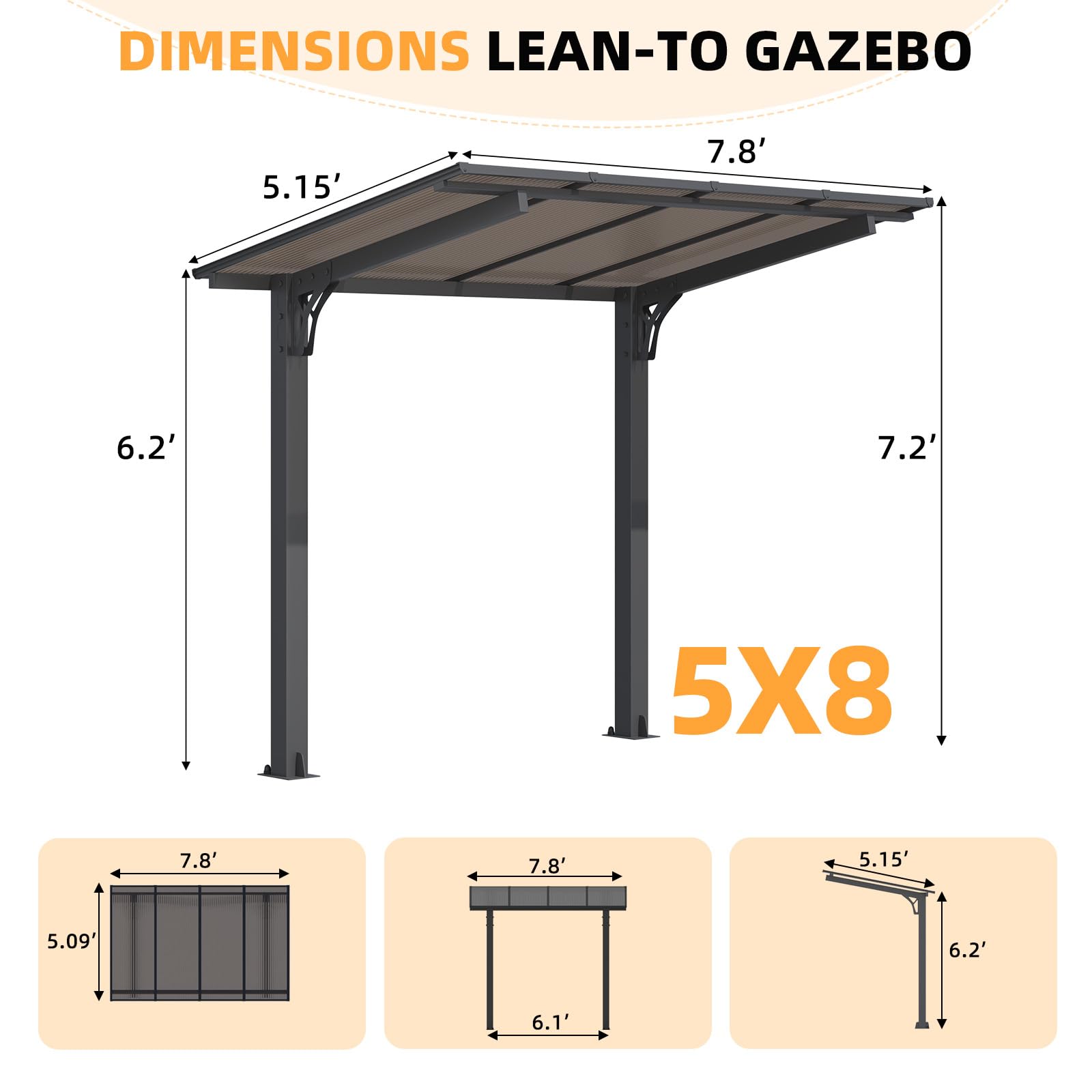 Freestanding Leanto Hard Top Outdoor Pergola   8 x 5