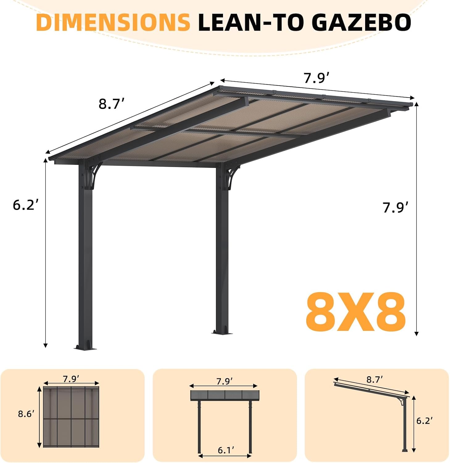 Freestanding Leanto Hard Top Outdoor Pergola   8 x 8