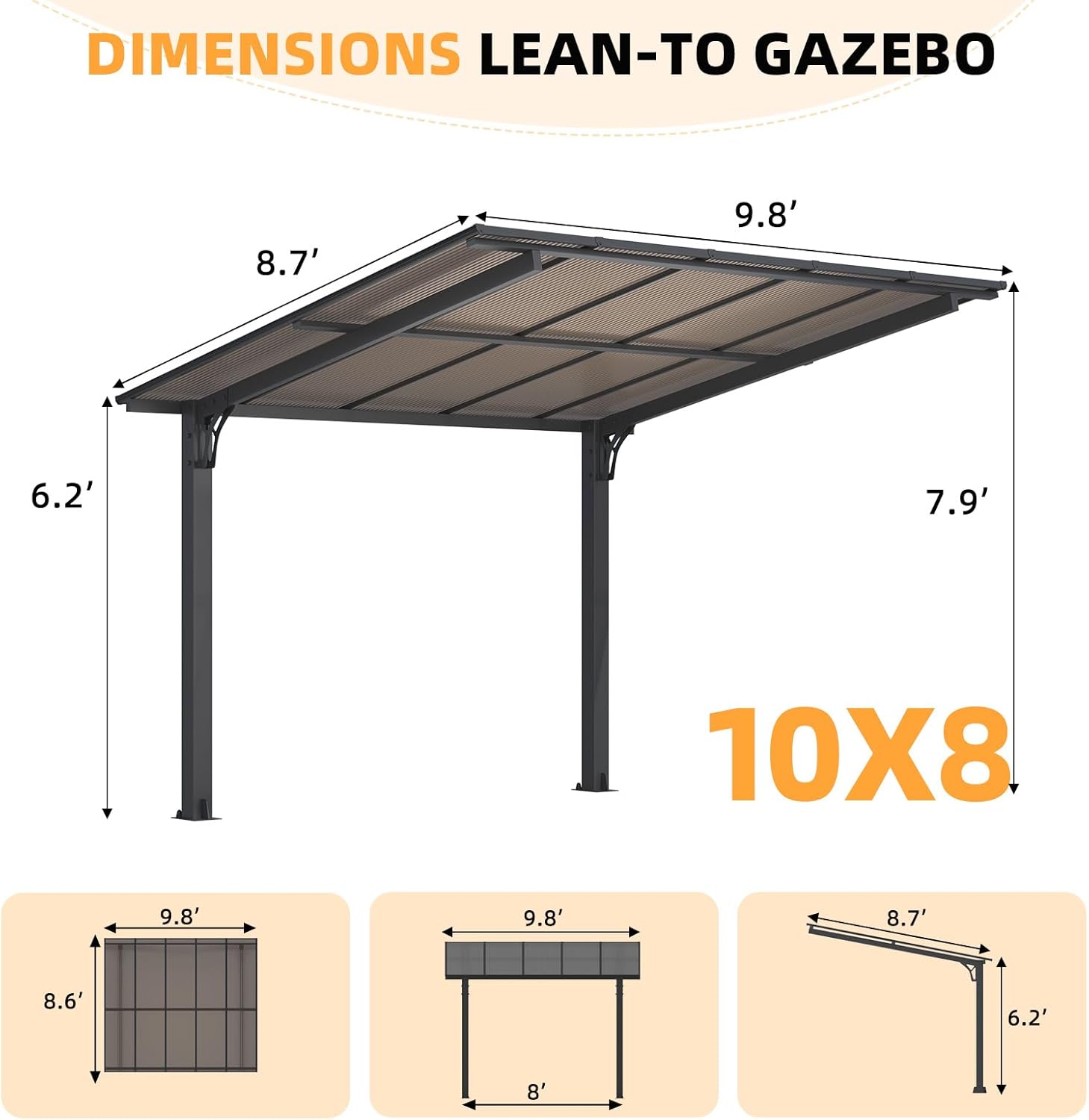 Freestanding Leanto Hard Top Outdoor Pergola   10 x 8