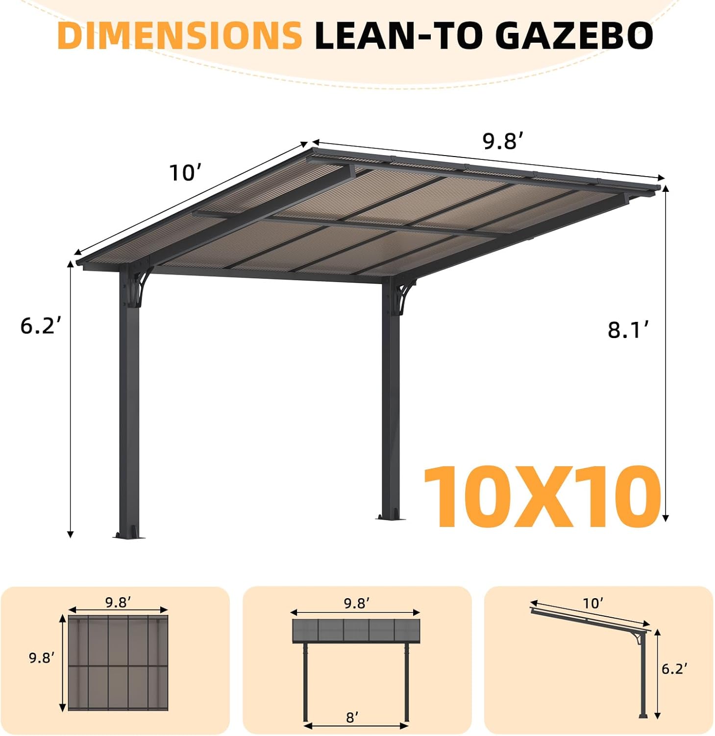 Freestanding Leanto Hard Top Outdoor Pergola   10 x 10