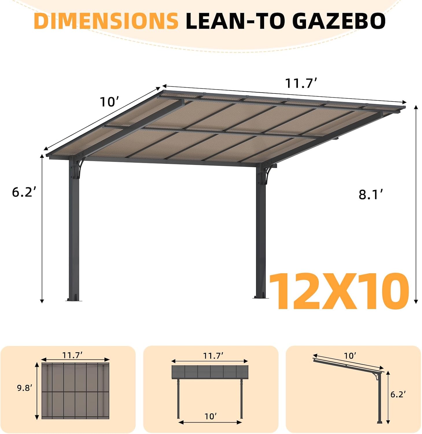 Freestanding Leanto Hard Top Outdoor Pergola   12 x 10