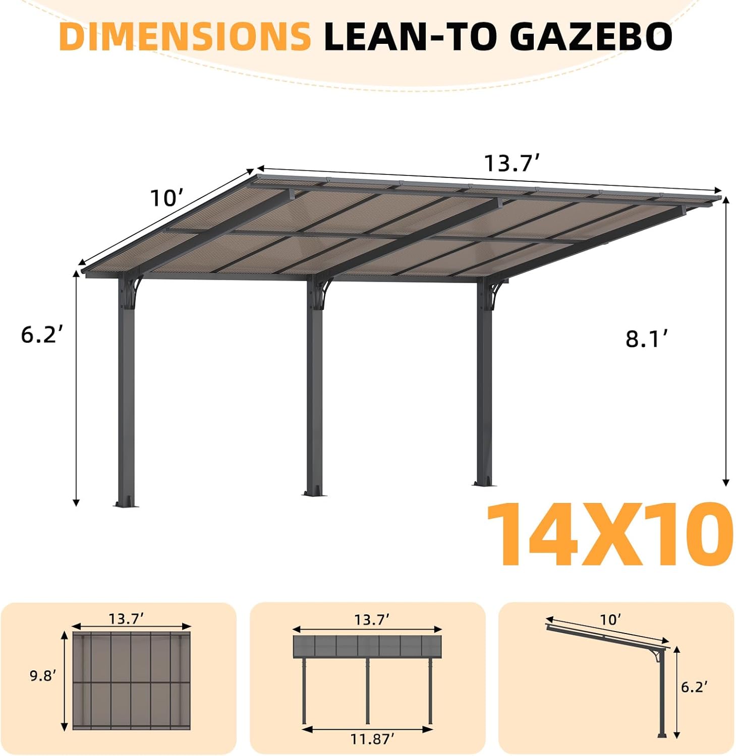 Freestanding Leanto Hard Top Outdoor Pergola   14 x 10