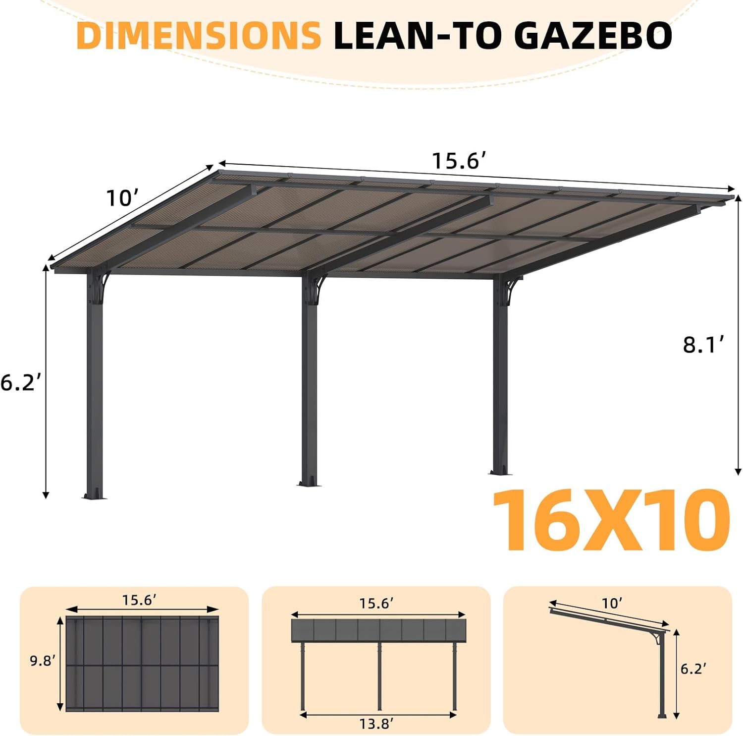 Freestanding Leanto Hard Top Outdoor Pergola   16 x 10