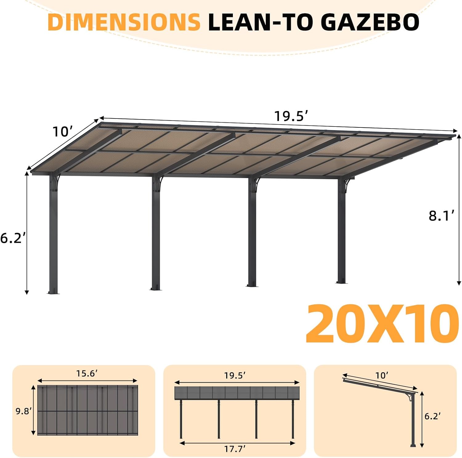 Freestanding Leanto Hard Top Outdoor Pergola   20 x 10