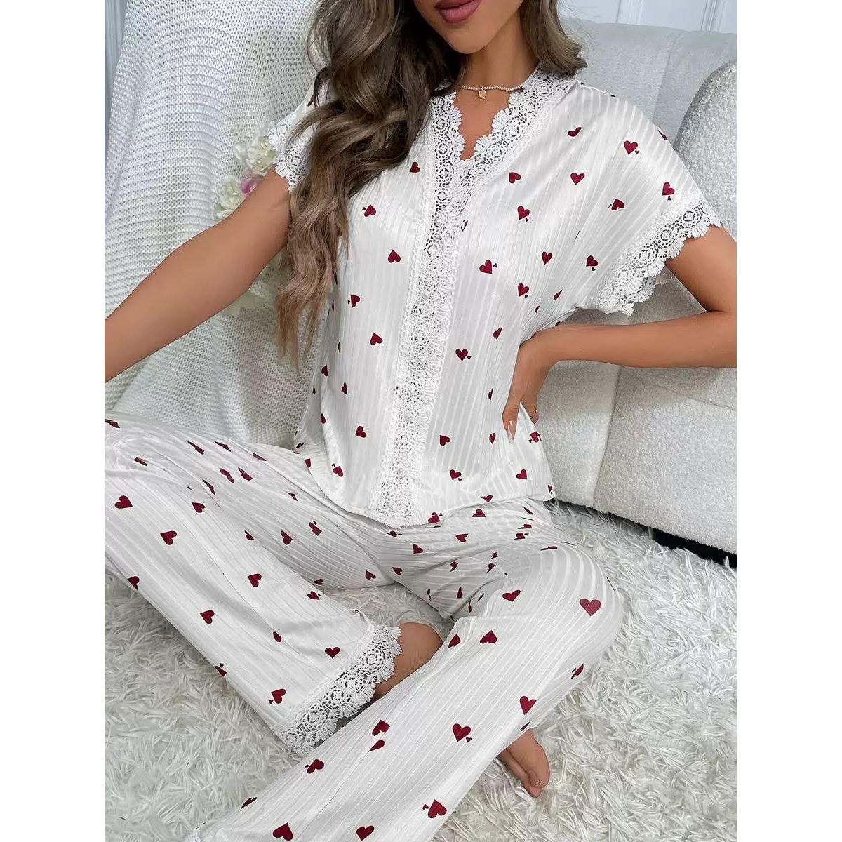 Printed Women's Pajama Set - Heart, XXL
