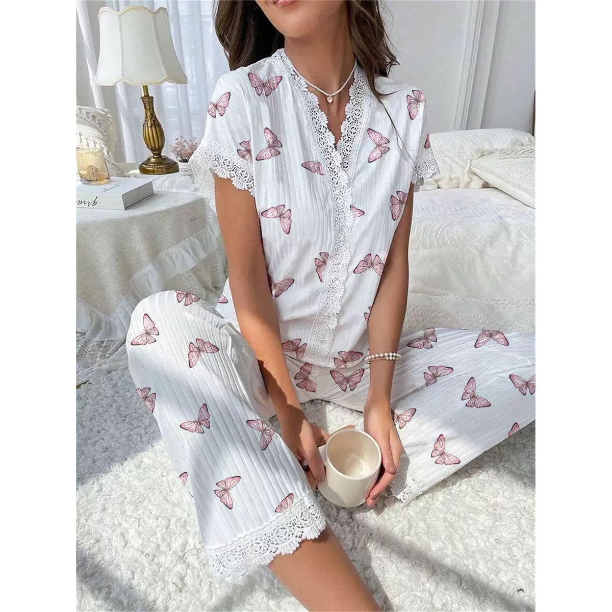 Printed Women's Pajama Set - Butterfly, XXL