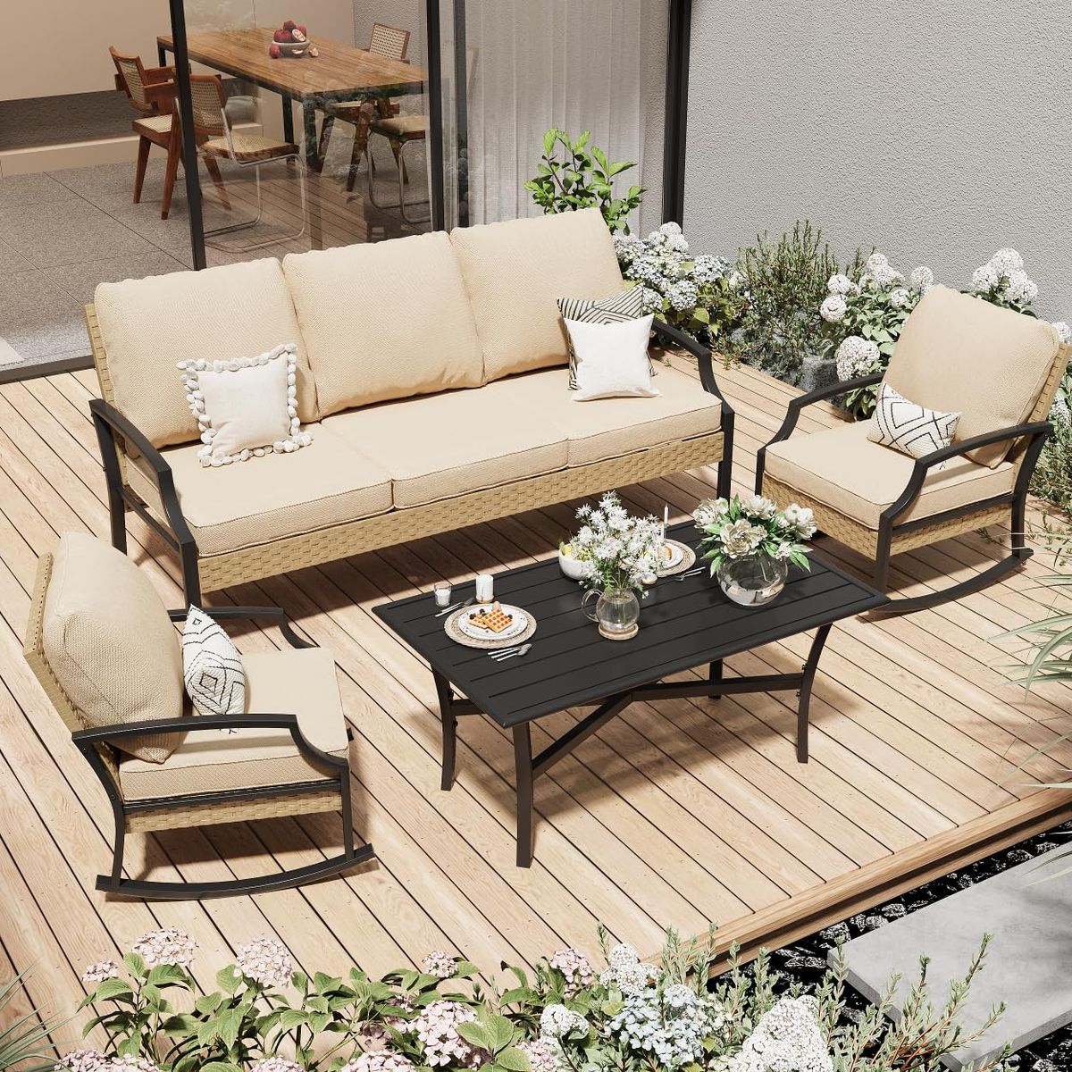 Outdoor Patio Furniture Set with Rocking Chair - Beige