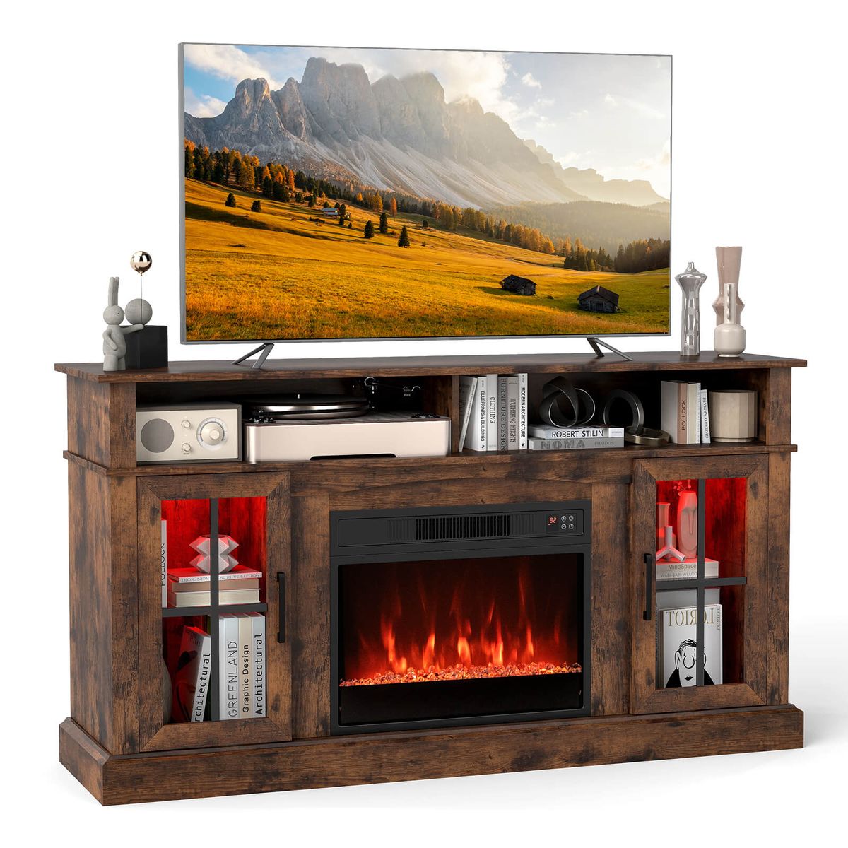 58" Fireplace TV Stand with Realistic LED Flames - Rustic Brown