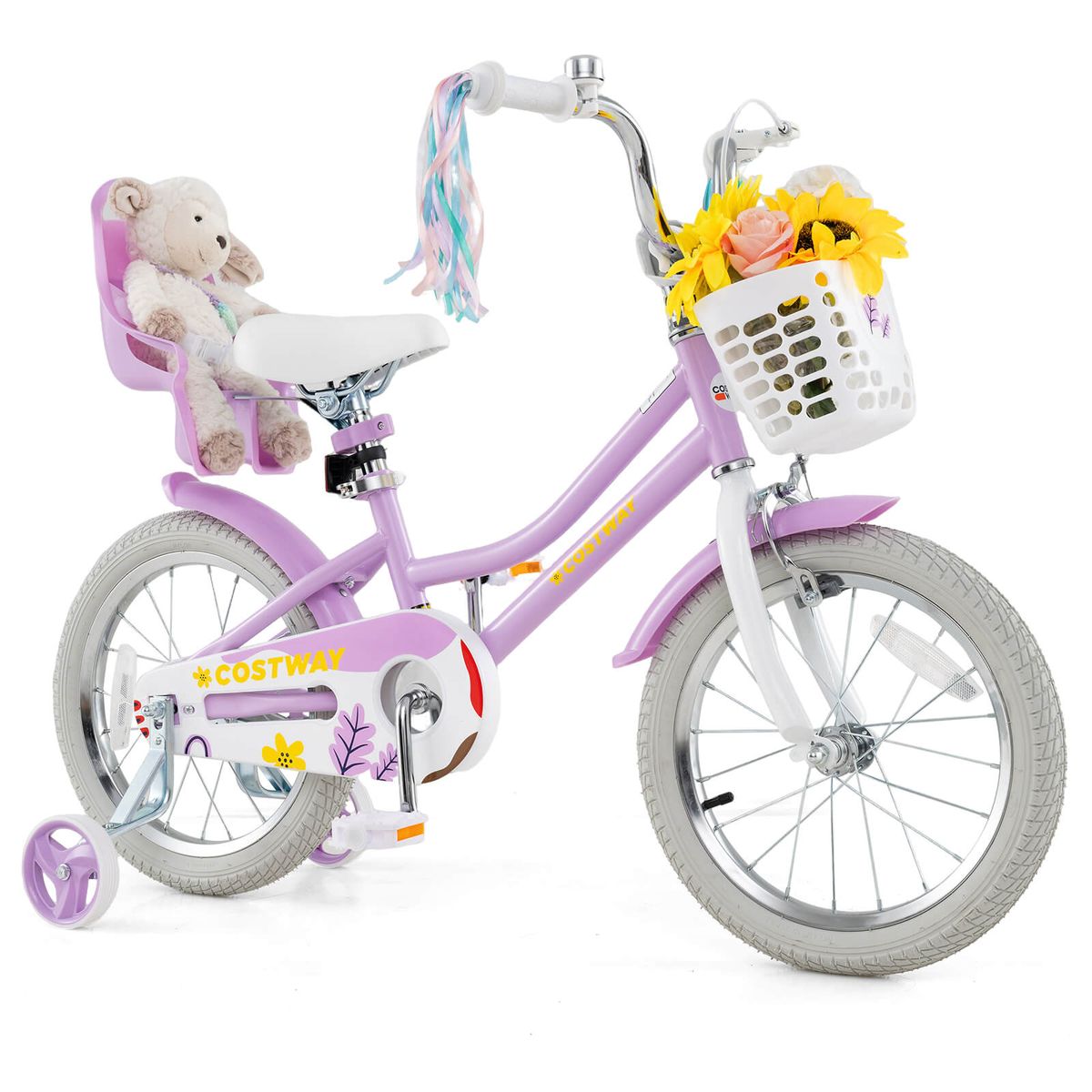 Photos - Bike Costway Kids' Bicycle with Removable Basket and Doll Seat - Purple-16" HCST06973