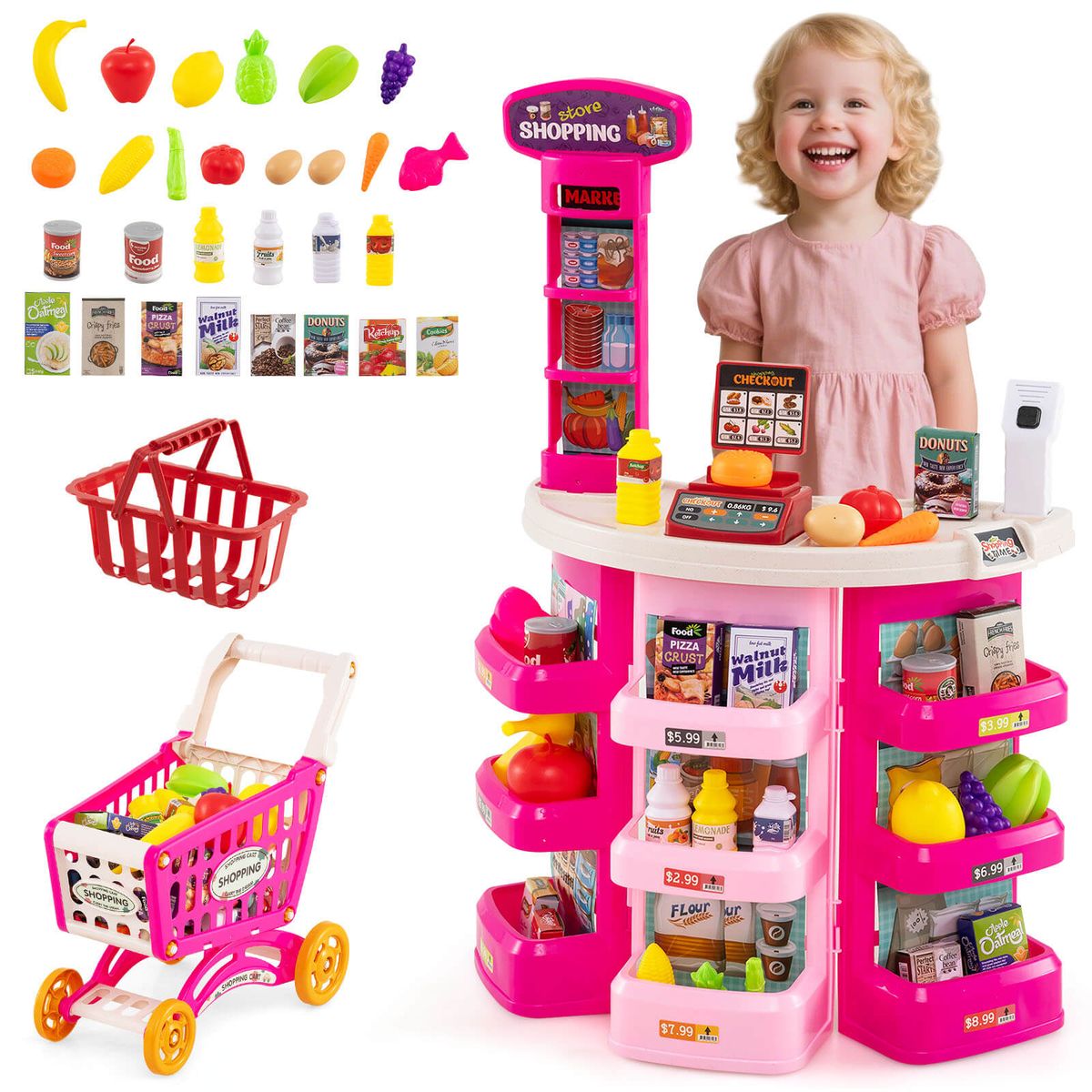 Grocery Store Play Set with Shopping Cart (76 Piece Set) - Pink