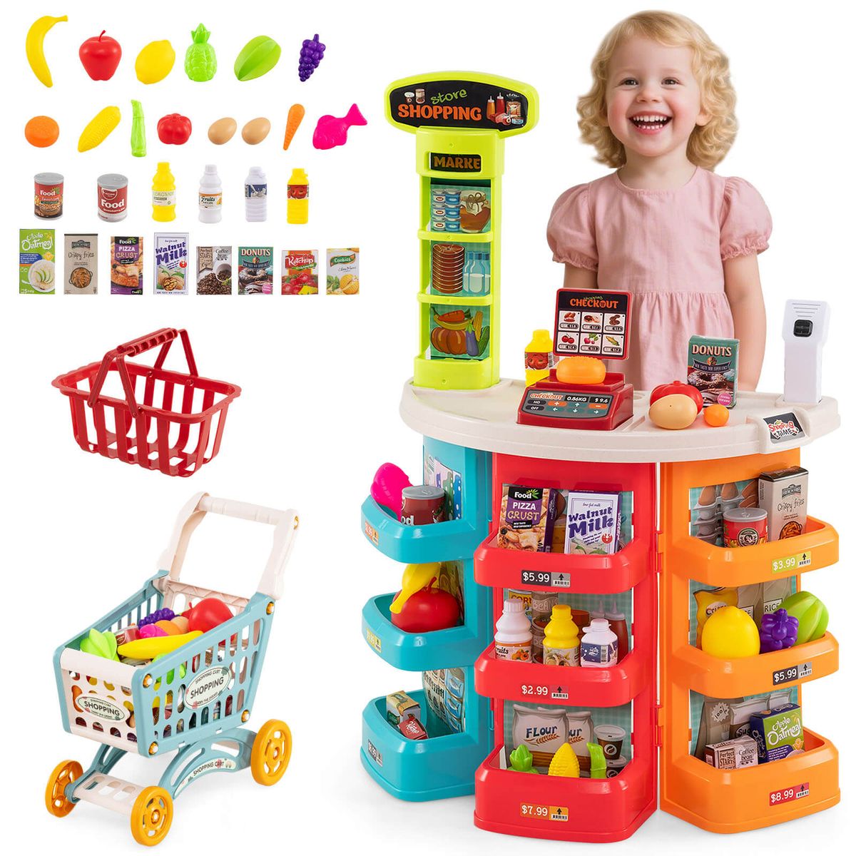 Grocery Store Play Set with Shopping Cart (76 Piece Set) - Multicolor