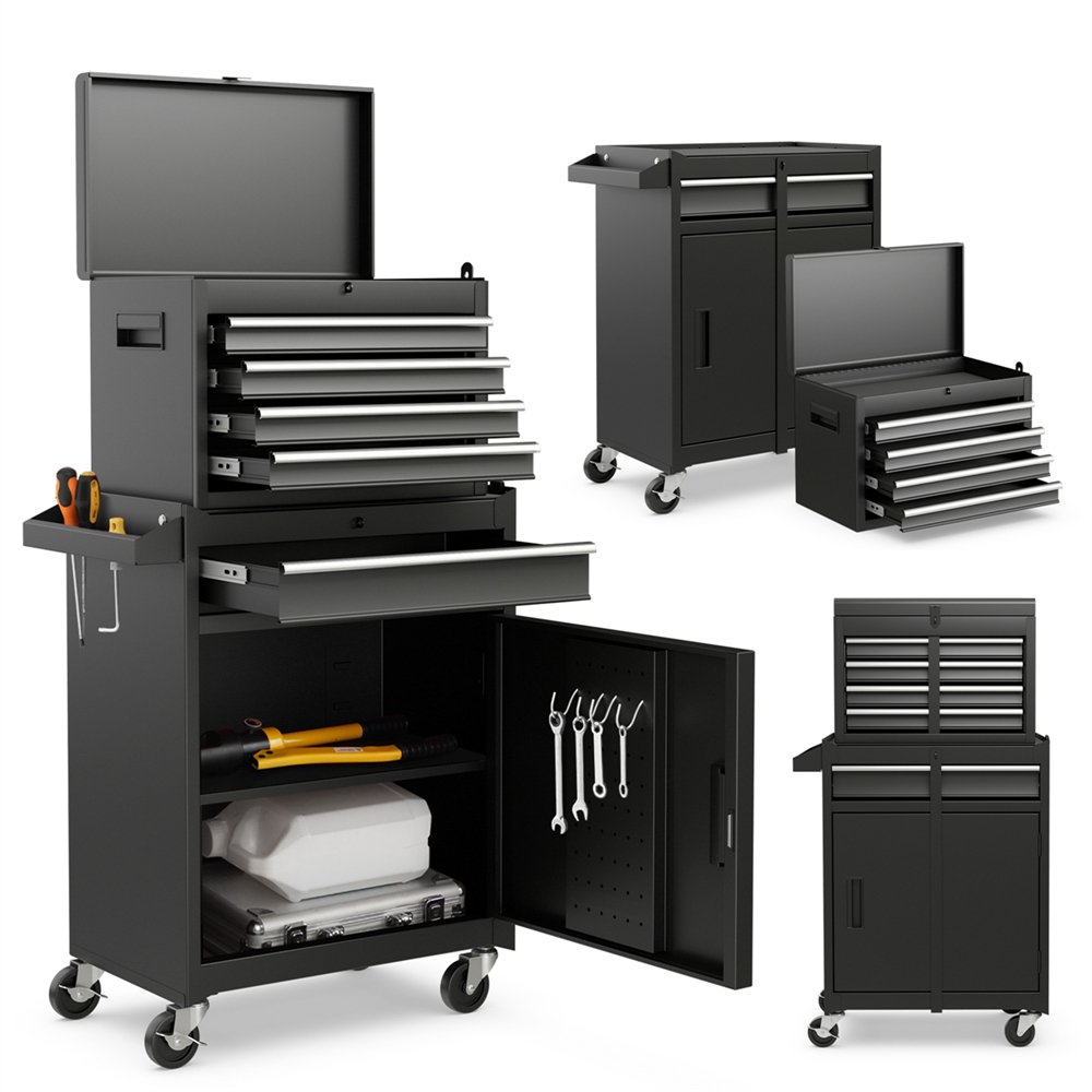 2 in 1 Tool Chest & Cabinet with Sliding Drawers Rolling Garage Organizer - Black