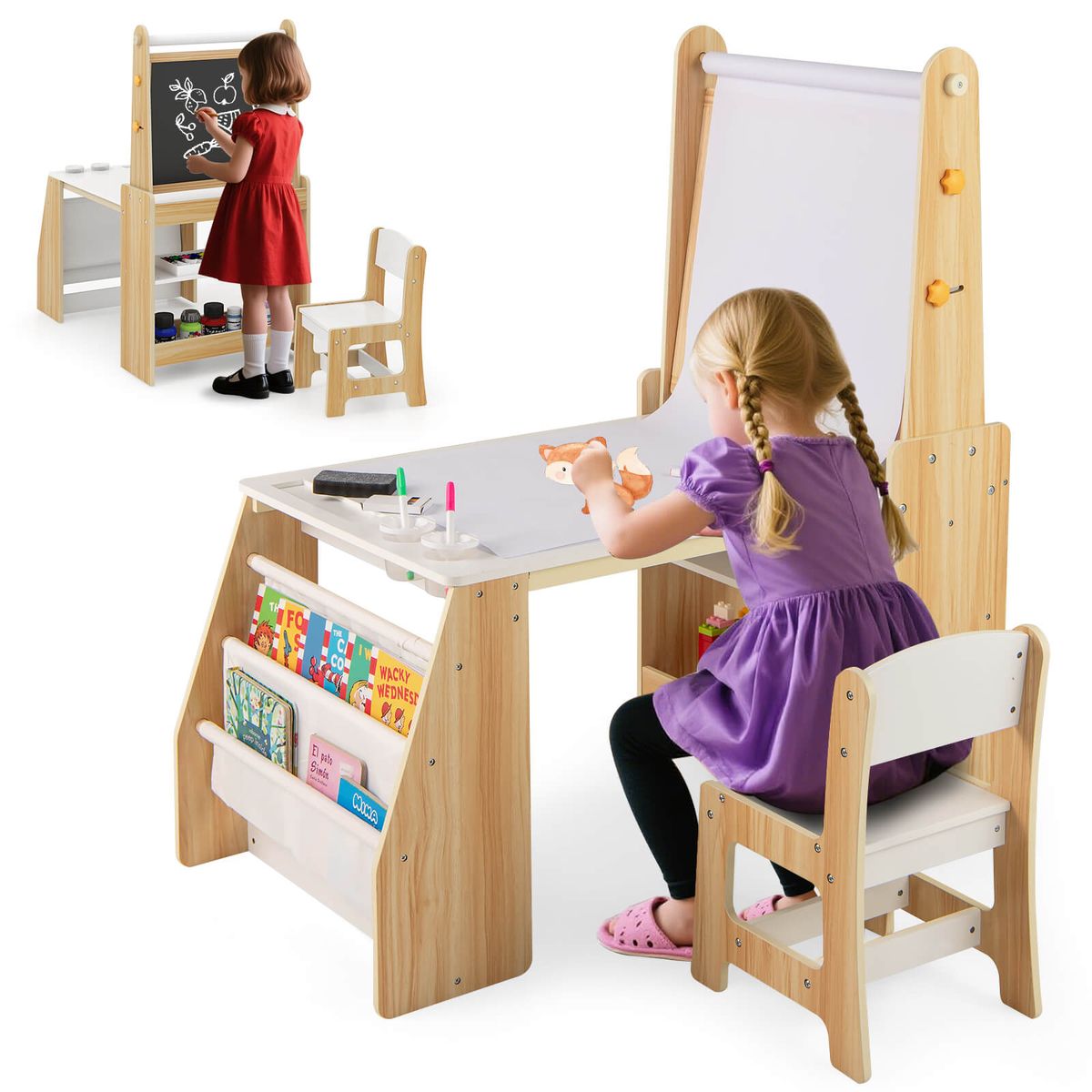 Costway Boys Art Table and Chair Set with Easel & Chair Whiteboard & Chalkboard Paper Roll - Natural