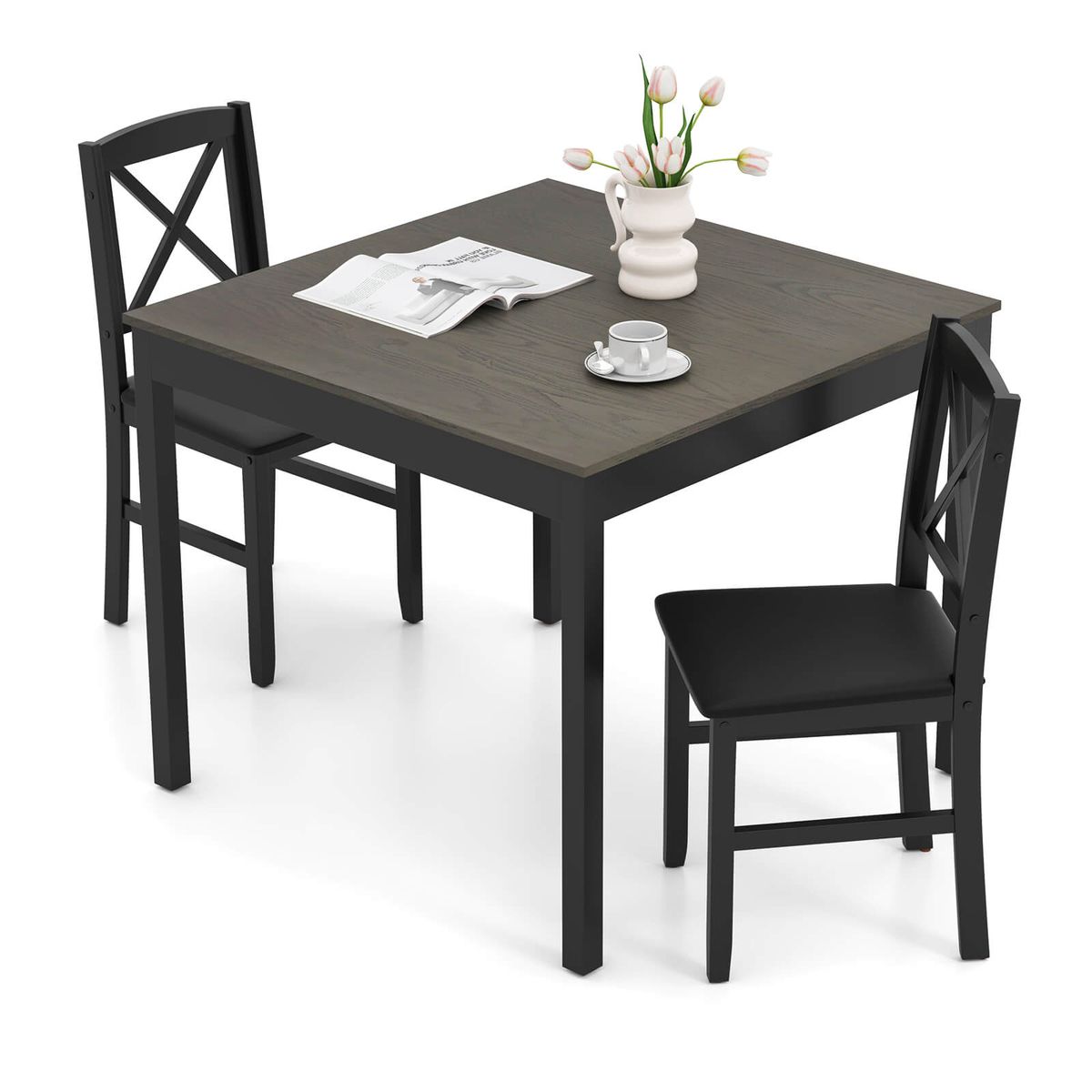 Costway 3 Piece Dining Table Set Wooden Square Kitchen Table with 2 Upholstered Chairs - Grey