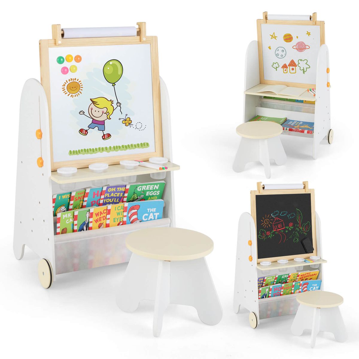 4-in-1 Kids Art Easel with Stool with Magnetic Whiteboard Chalkboard - Natural