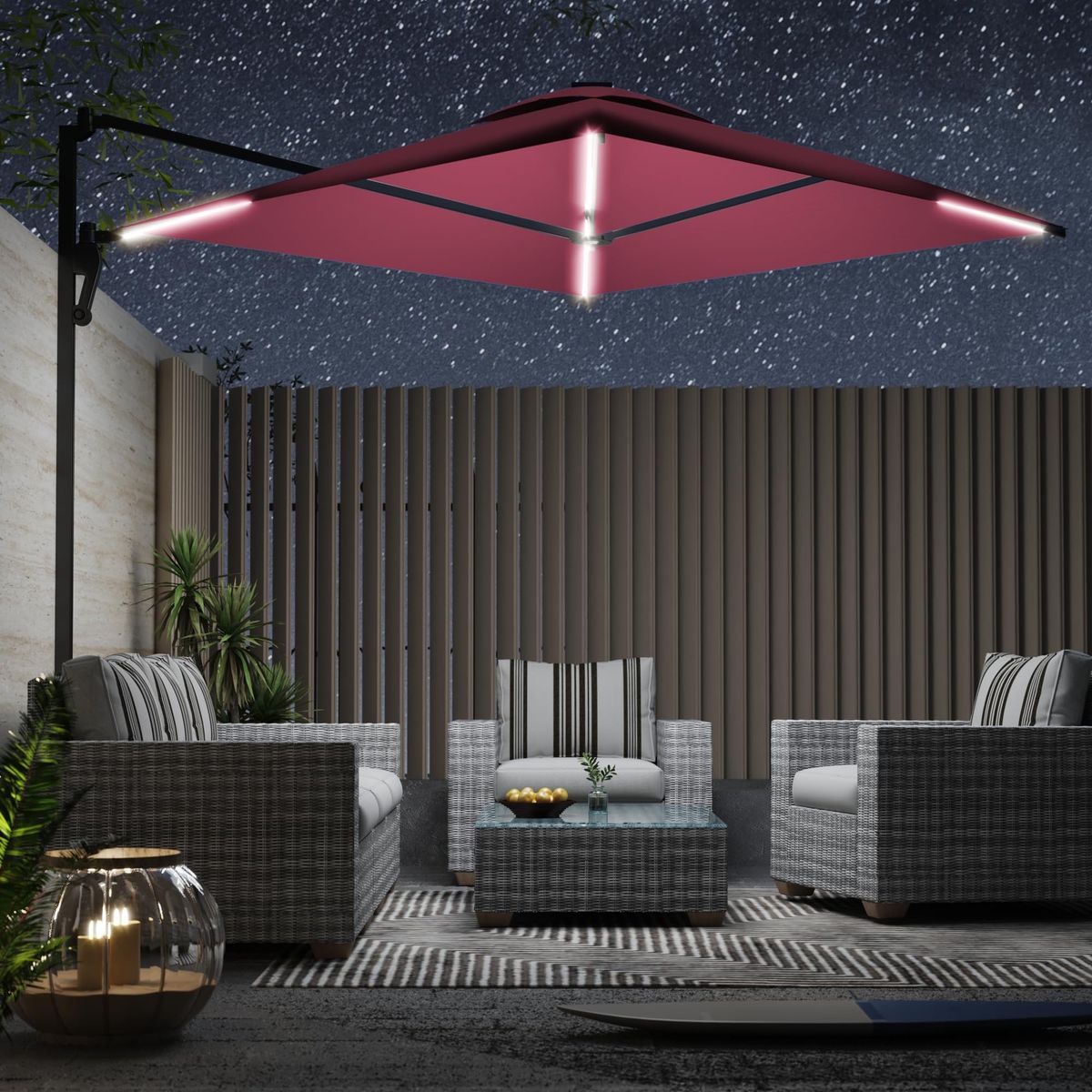 10FT Solar LED Wall Mounted Outdoor Patio Umbrella - Red