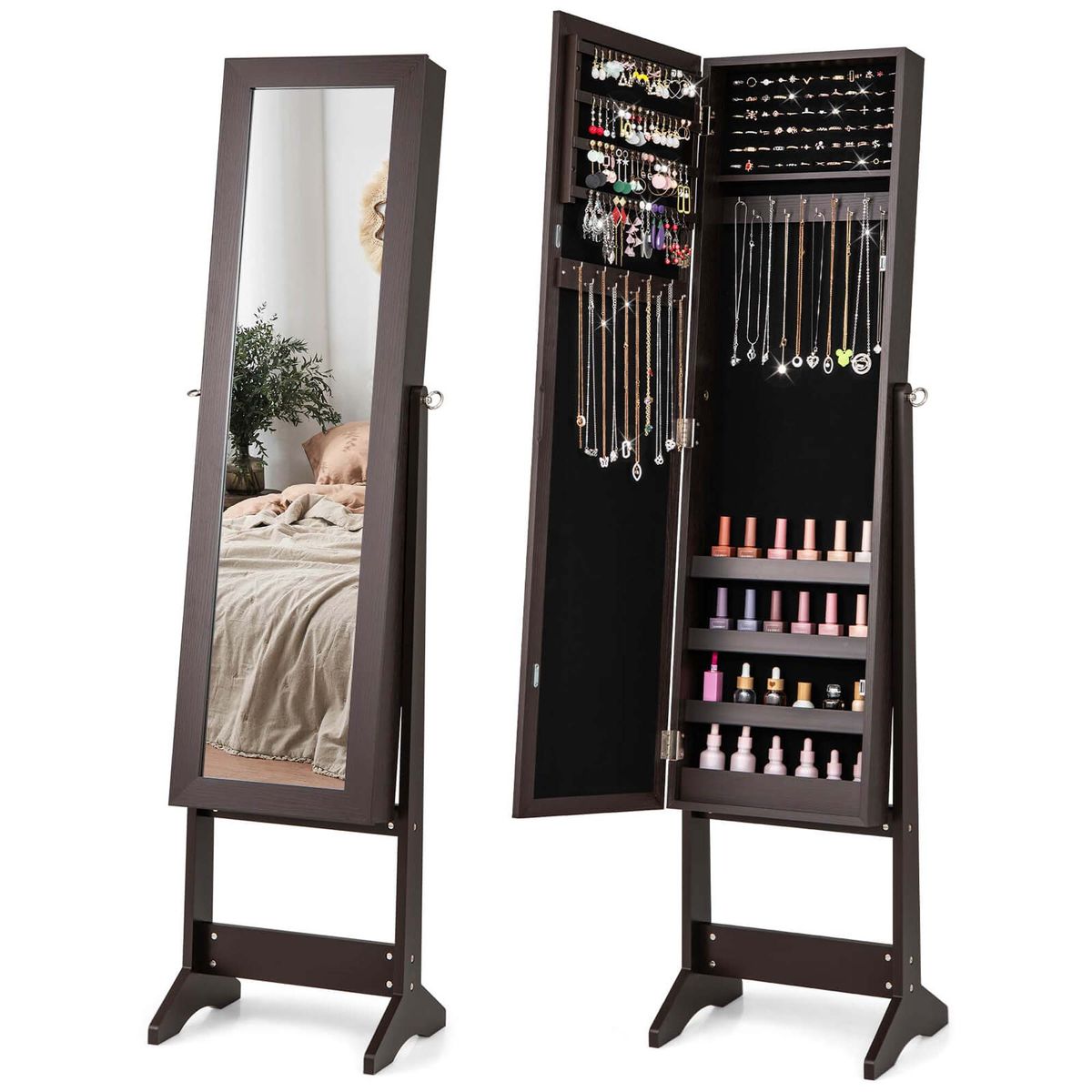 Mirrored Standing Jewelry Cabinet Storage Box - Mirrored Cabinet-Brown