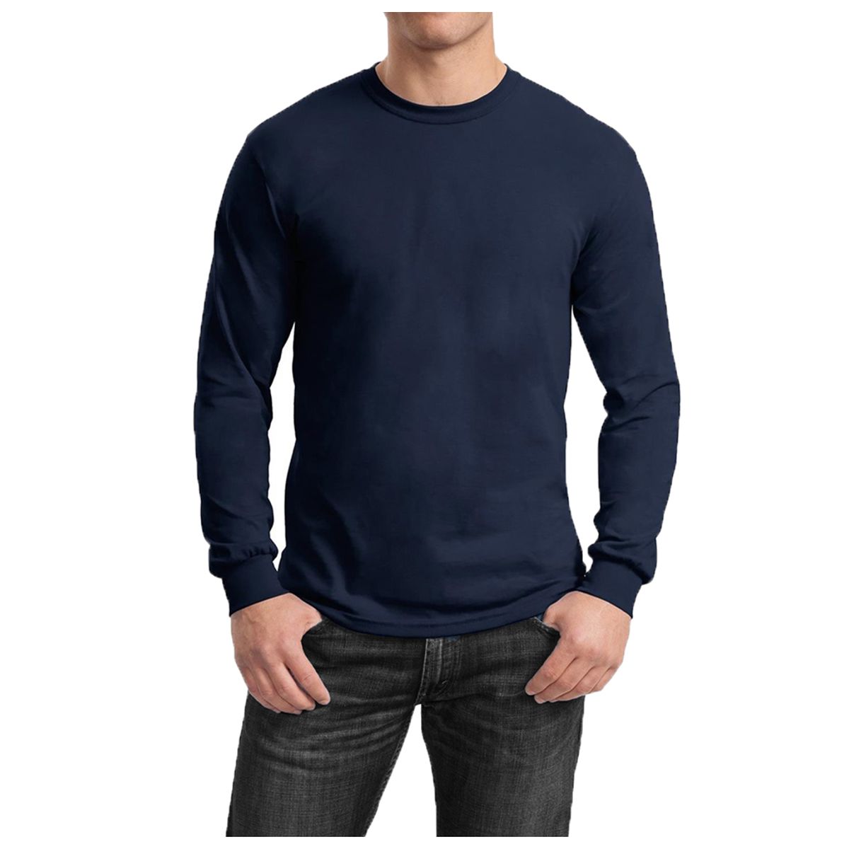 Men's Cotton-Blend Crew Neck Long Sleeve Tee - Navy - Medium