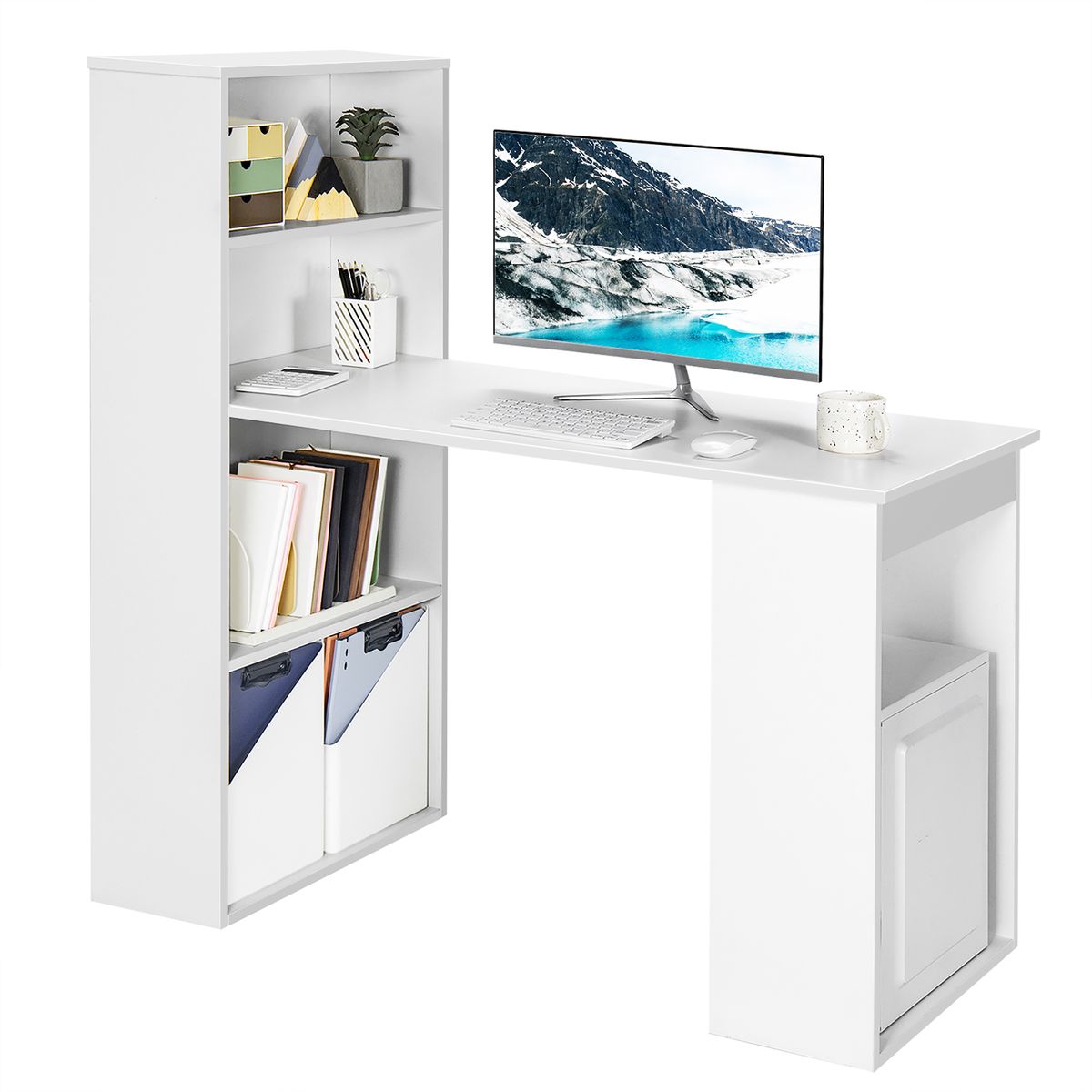 Computer Desk Writing Workstation Office with 6-Tier Storage Shelves - White