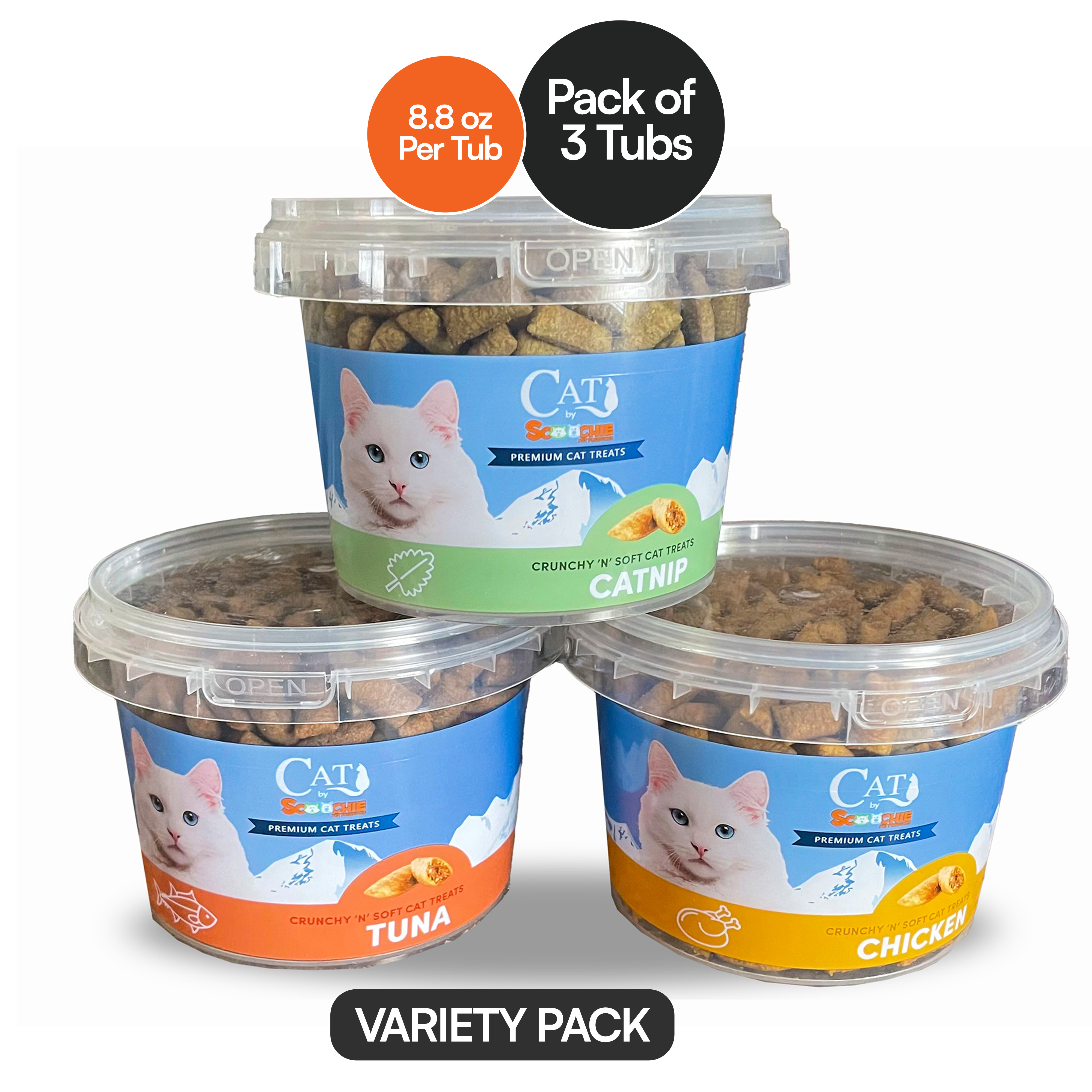 Scoochie Pet Crunchy Cat Treats (1- to 4-Pack) - VRTY PK Chicken, Catnip & Tuna Tub 3 CT-image-SKU18137338