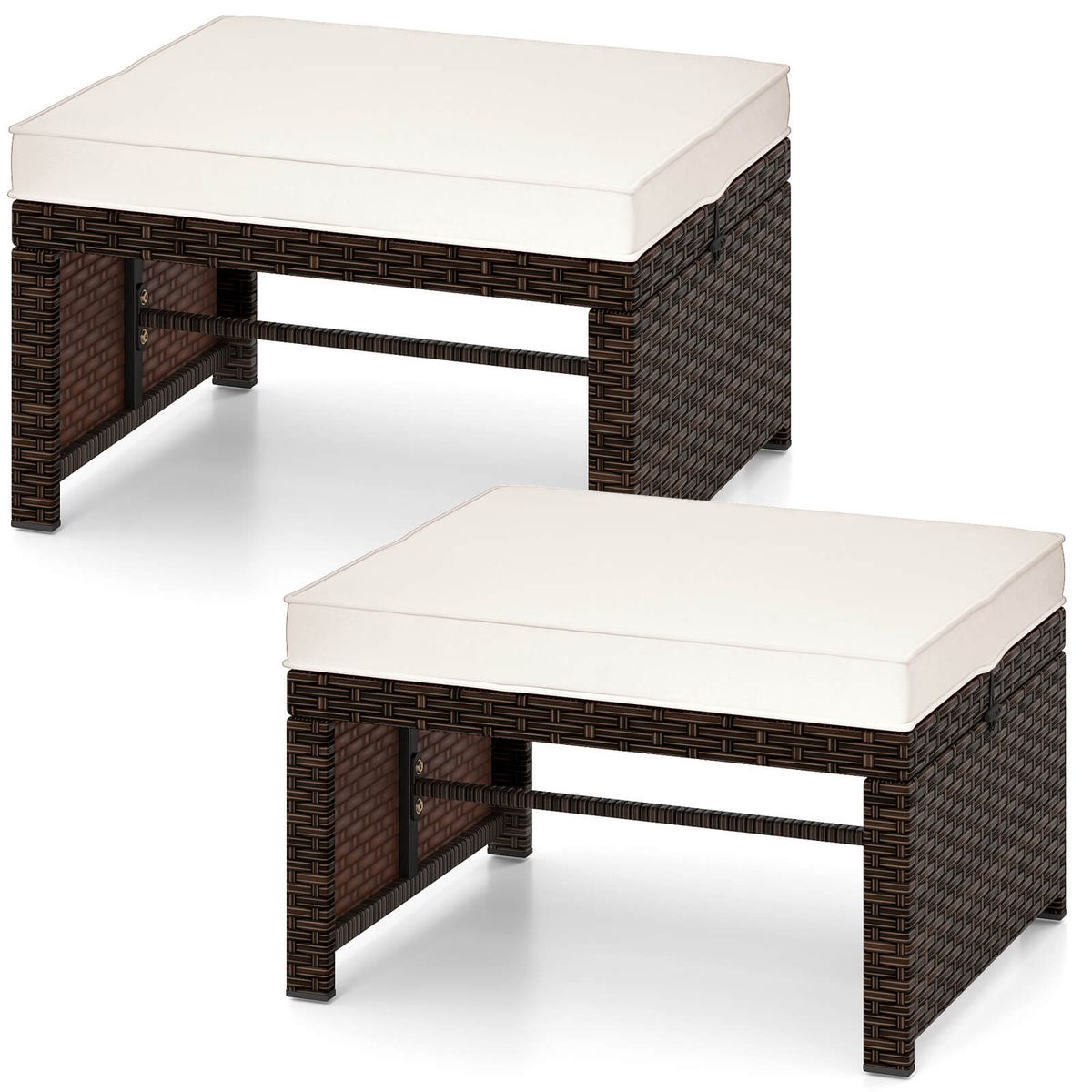 Patio PE Rattan Ottomans with High-Density Sponge Cushion - White