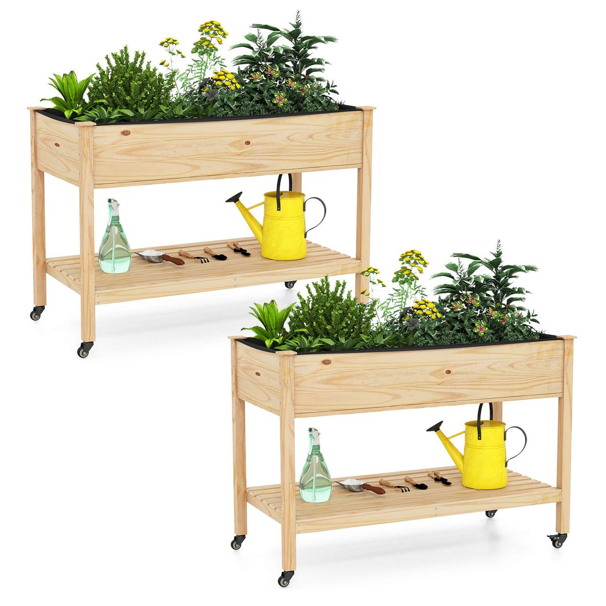 Wooden Raised Garden Bed with Lockable Wheels - 2 PCS