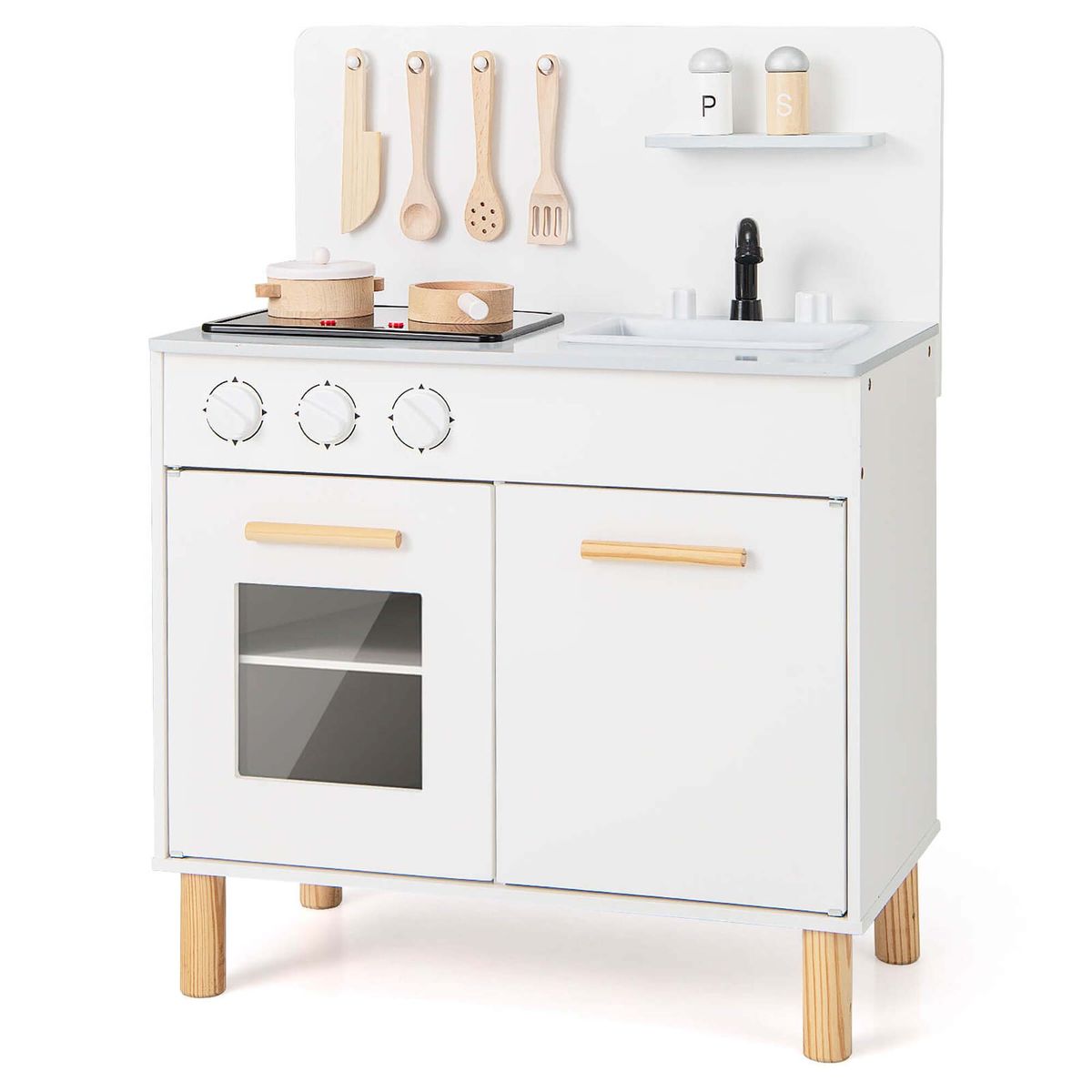 Costway Kids Kitchen Playset with Light up Stove & Cooking Sounds Oven Sink Faucet - White