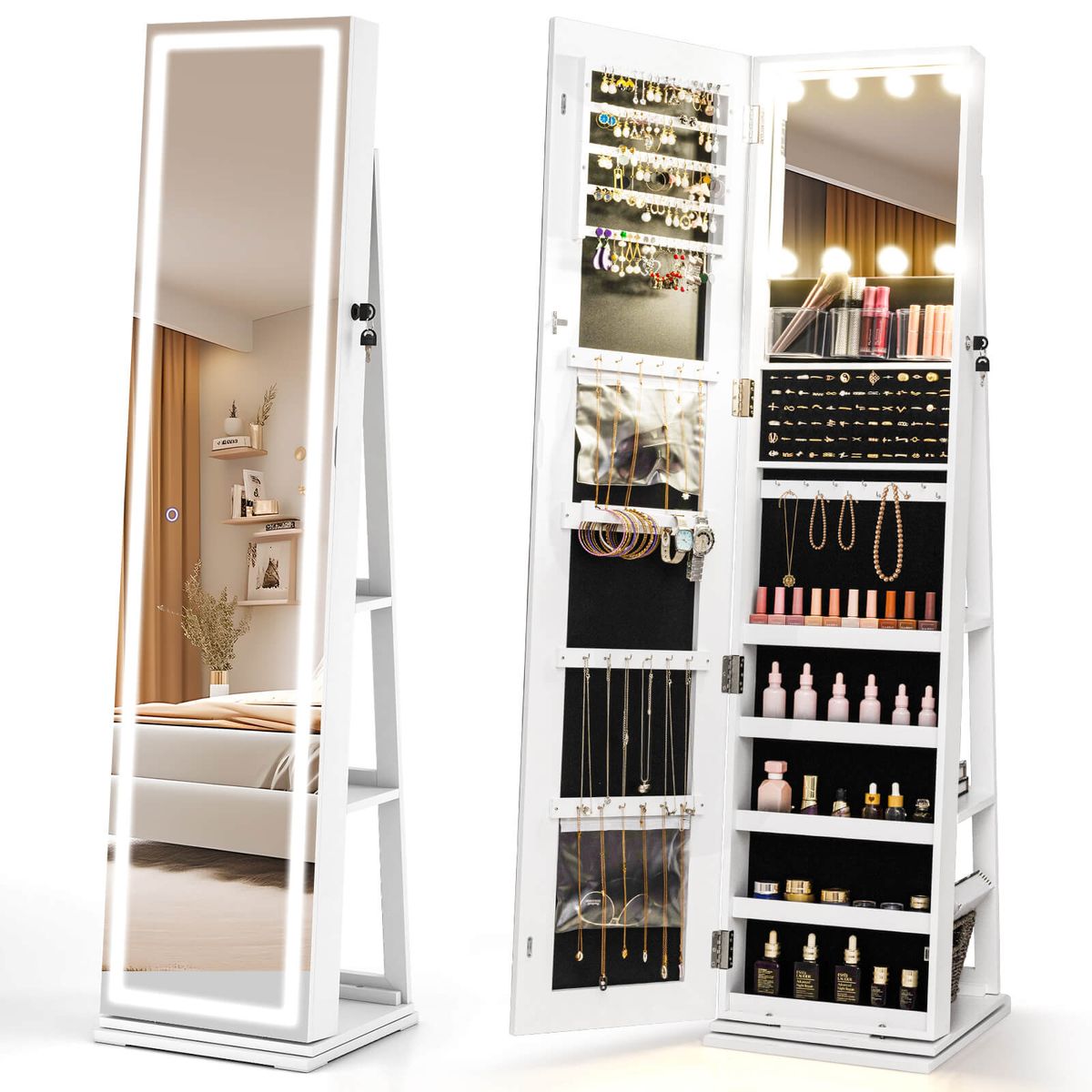 360&deg; Swivel Jewelry Cabinet with Lighted Full Length Mirror - White