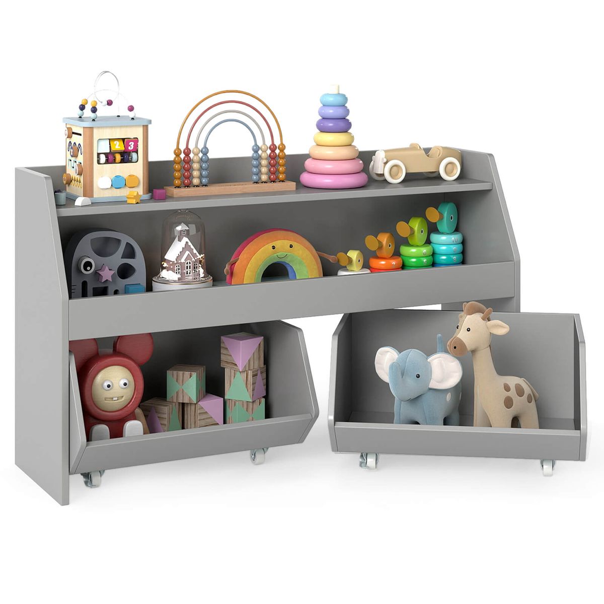 Kids Toy Storage Organizer with 2 Drawers and Wheels - Gray