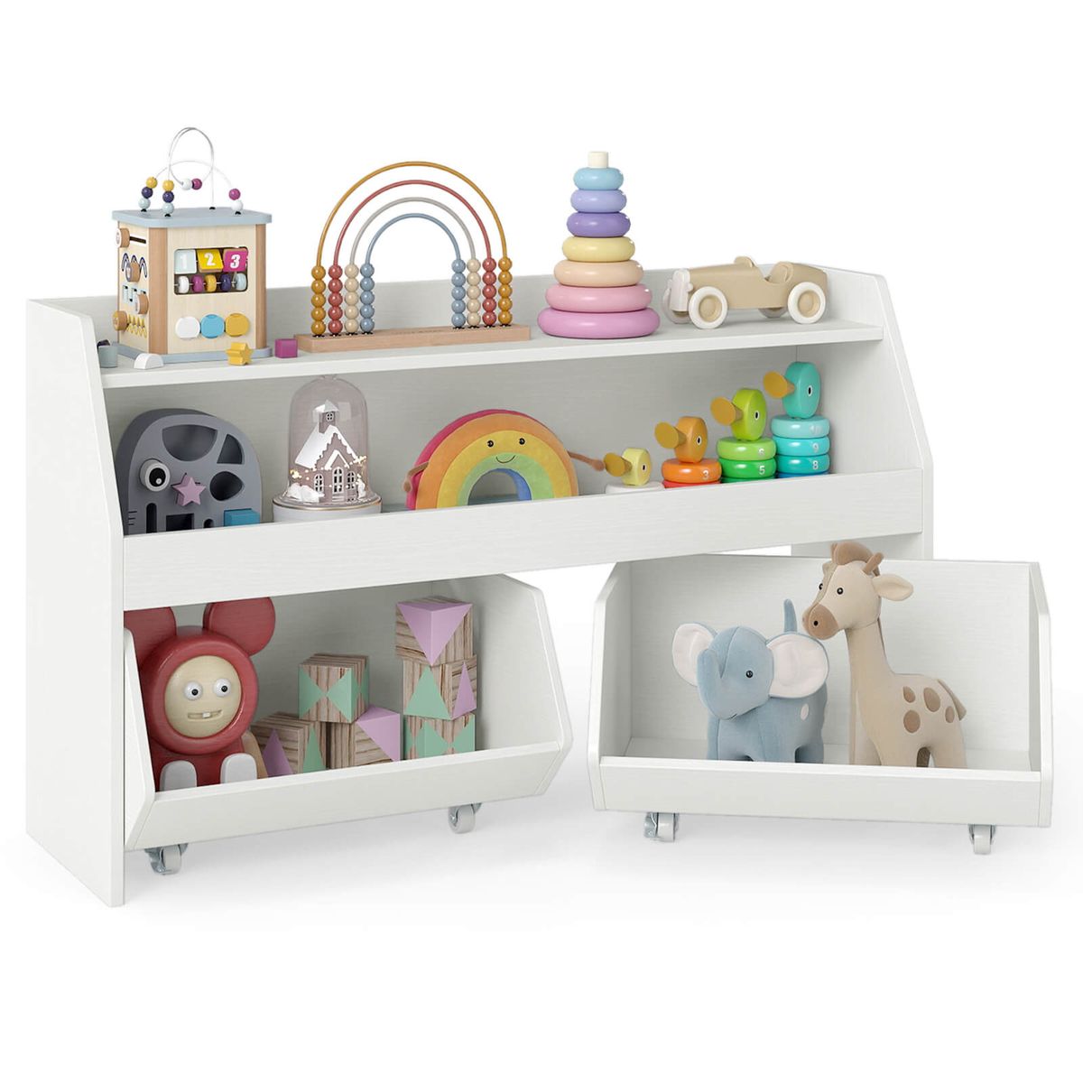Kids Toy Storage Organizer with 2 Drawers and Wheels - White