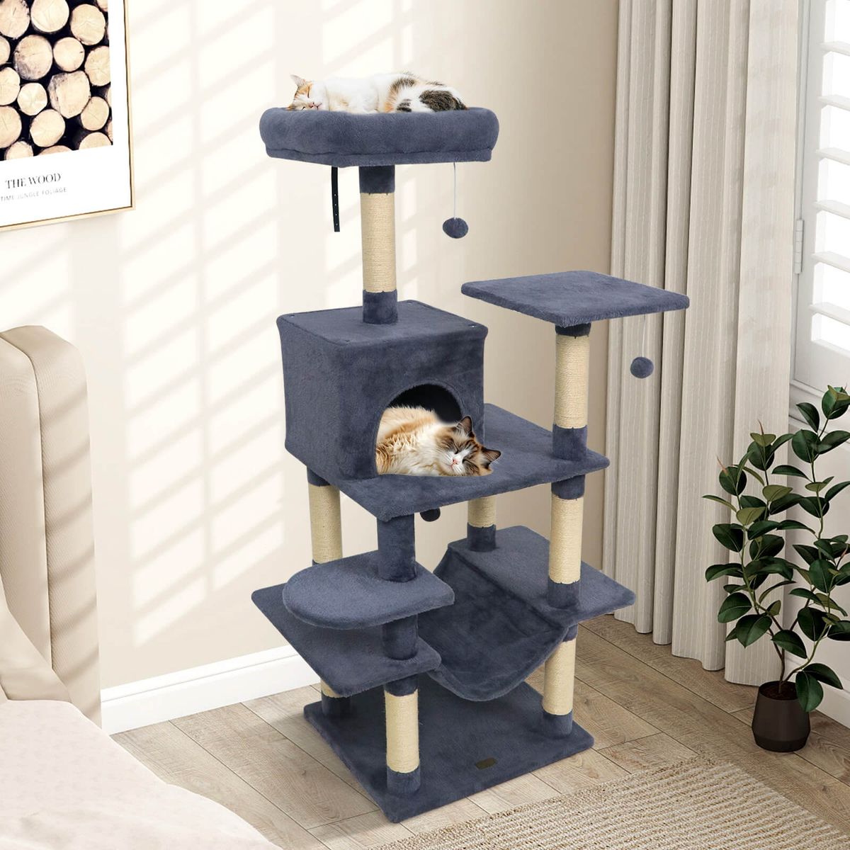 58” Tall Multi-Level Cat Tree with Upholstered Perch and Cat Condo - Dark Gray