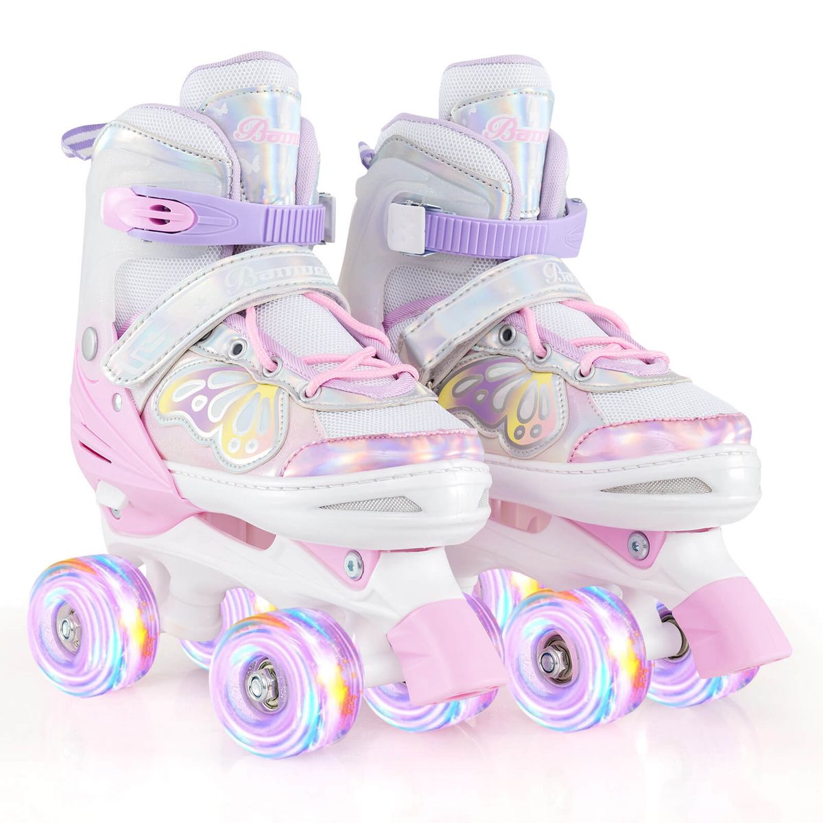 Kids Adjustable Quad Skates with Lightup Wheels  Pink13