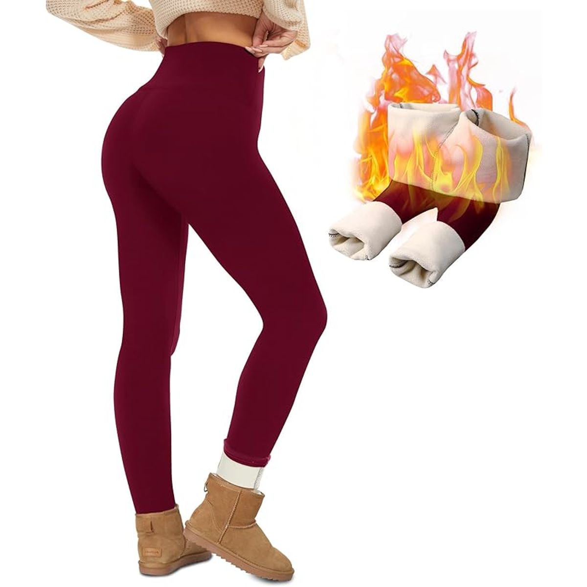 Women's Fleece Thermal Lined Leggings - Burgundy,S