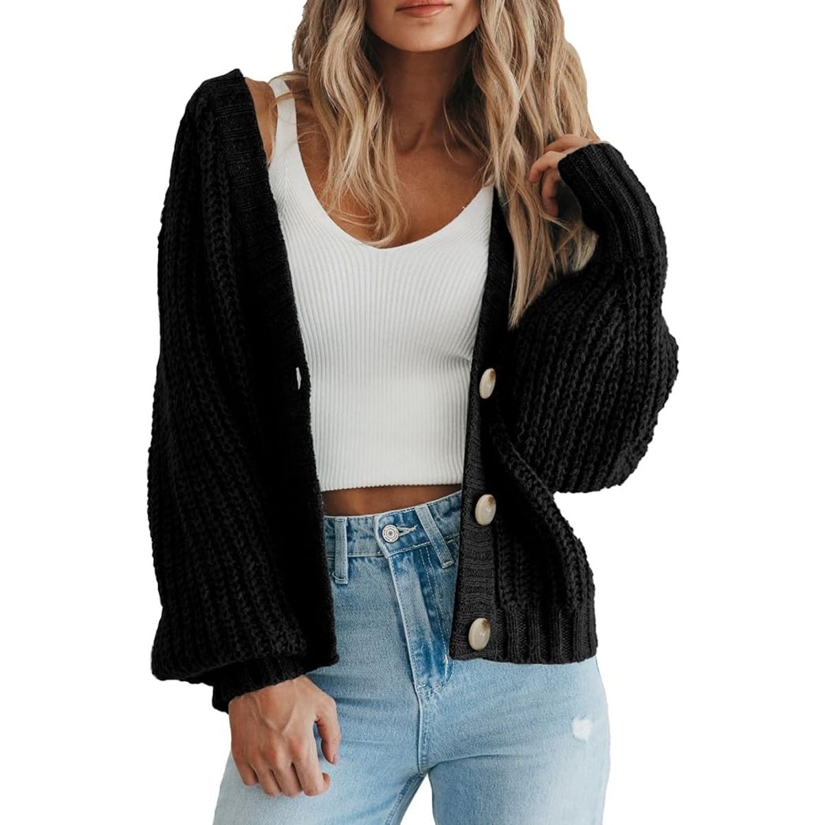 Women's Chunky Knit Open Front Cardigan - Black,XXL