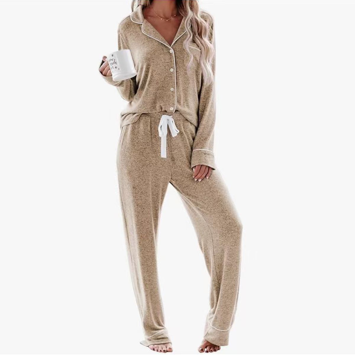 Women's Button Down Lapel Pajamas - Beige,S