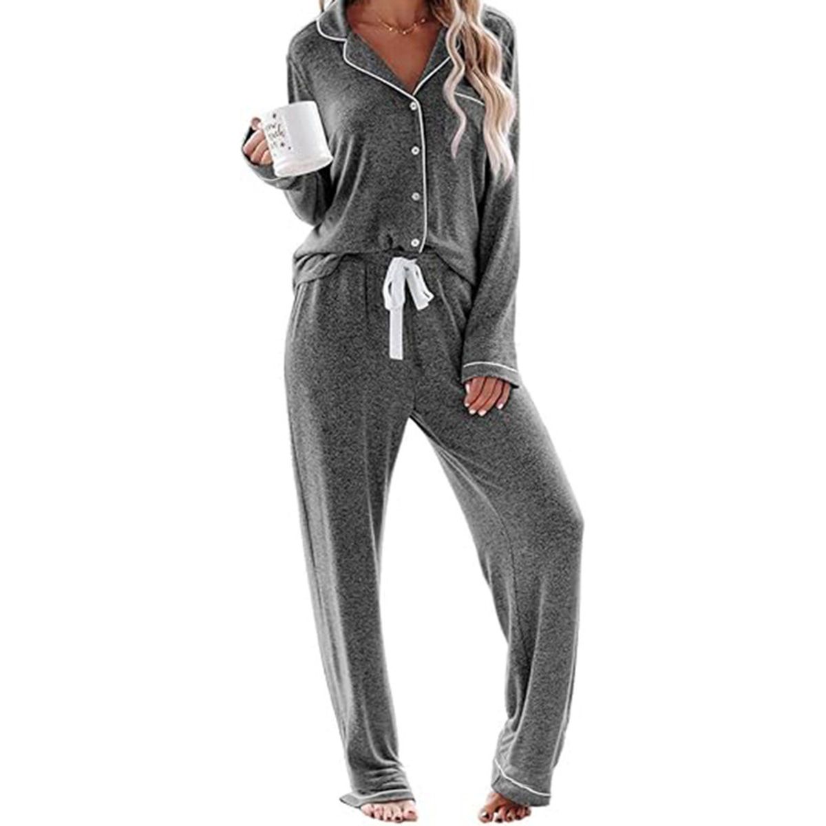 Women's Button Down Lapel Pajamas - Dark Grey,M