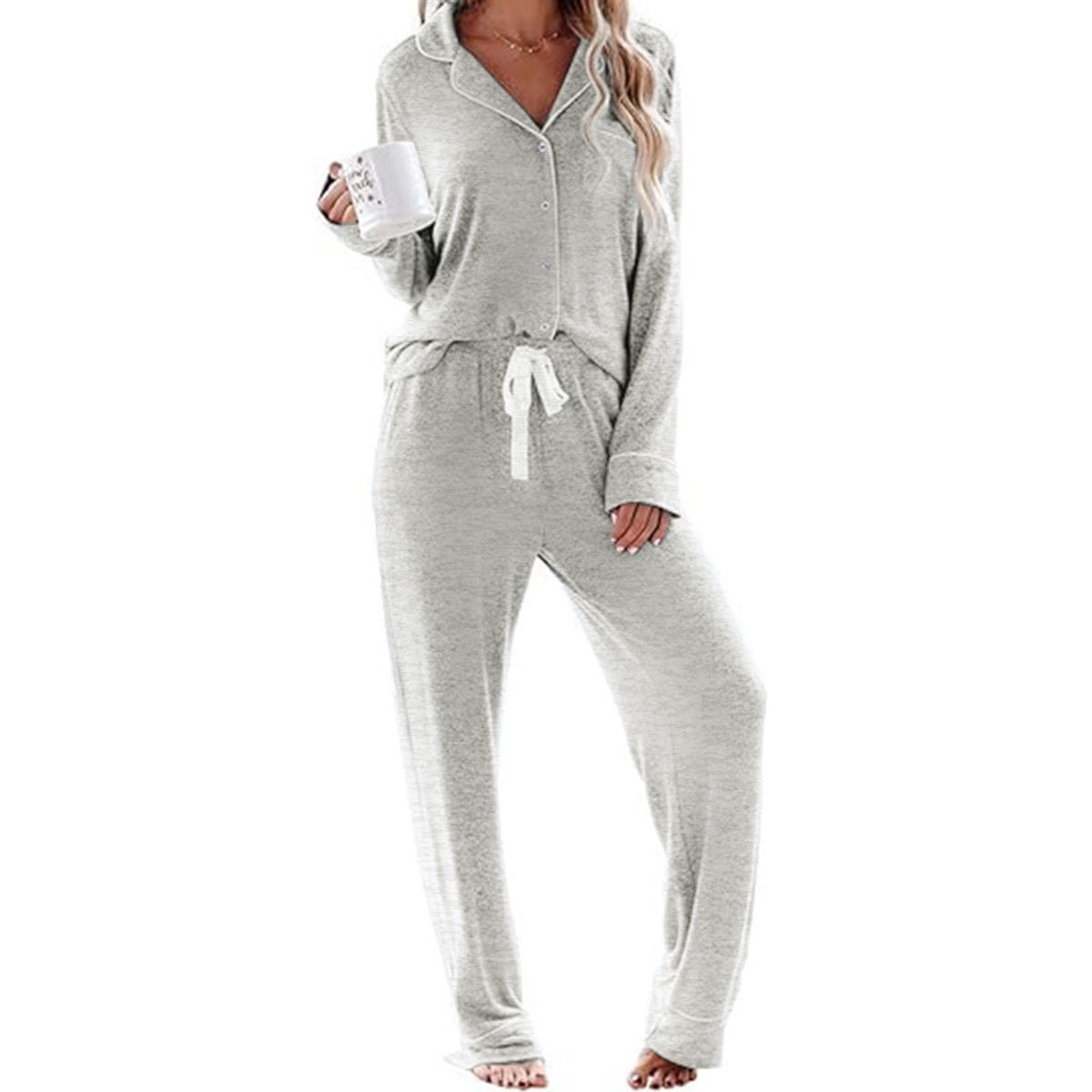 Women's Button Down Lapel Pajamas - Light Grey,M