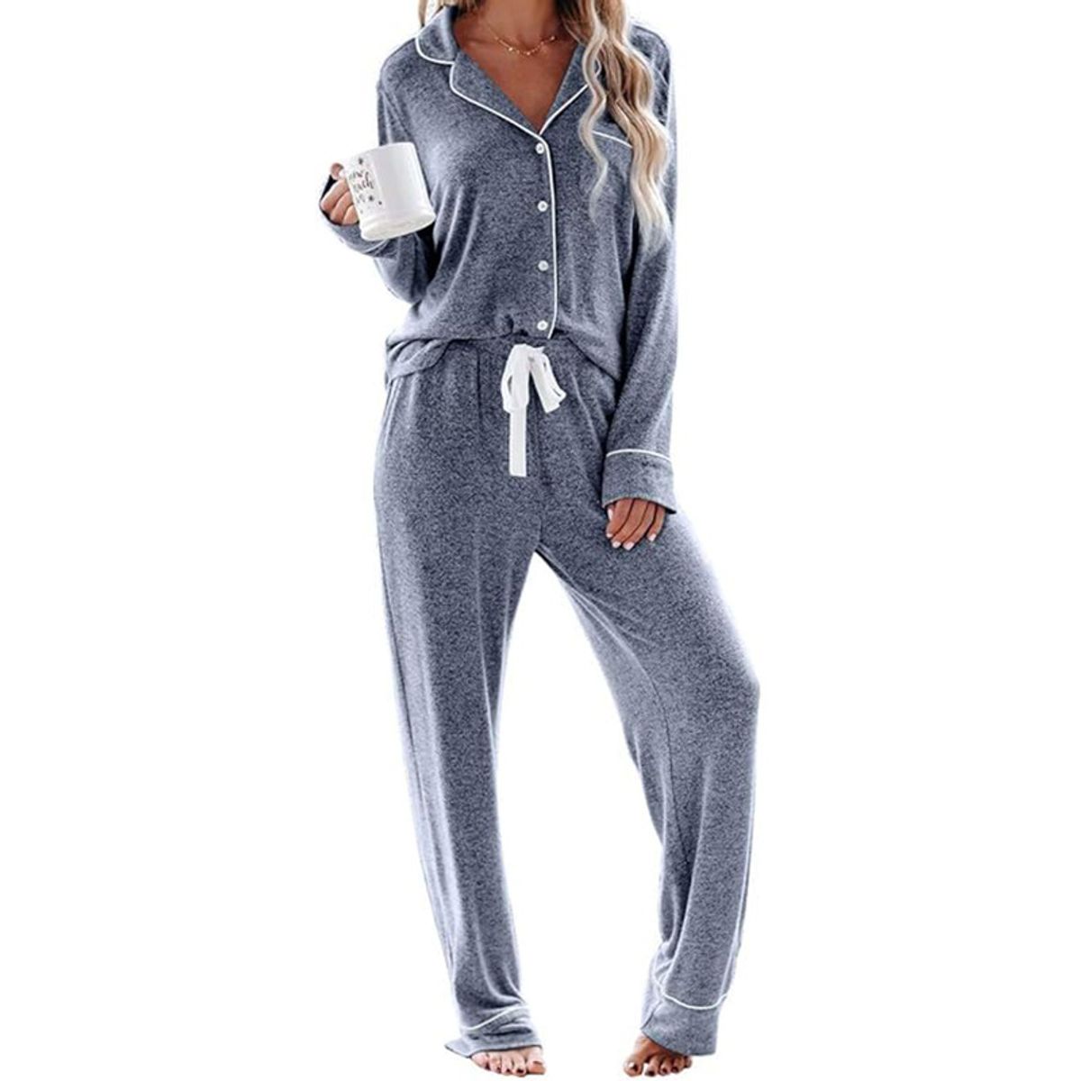 Women's Button Down Lapel Pajamas - Blue,L