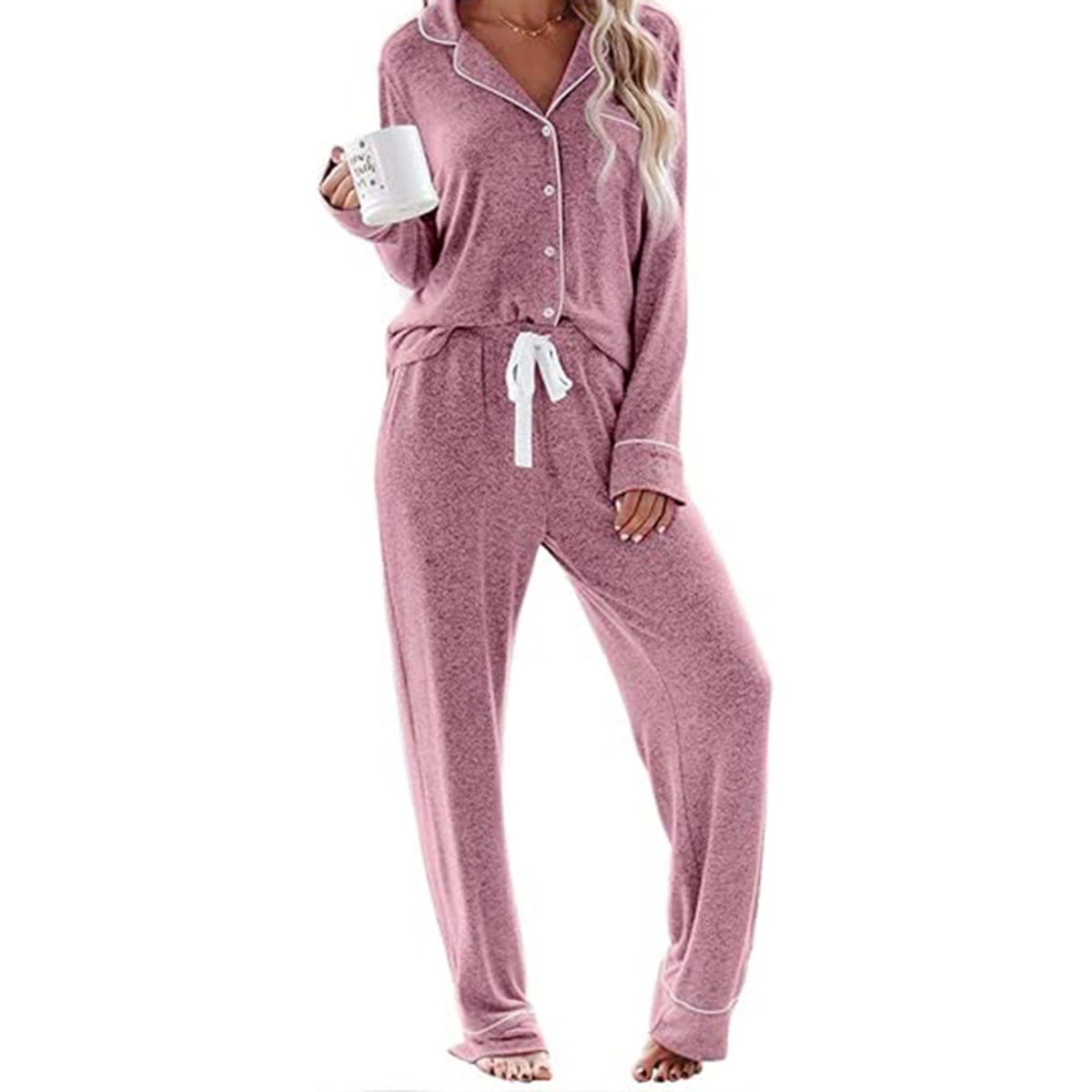Women's Button Down Lapel Pajamas - Pink,M
