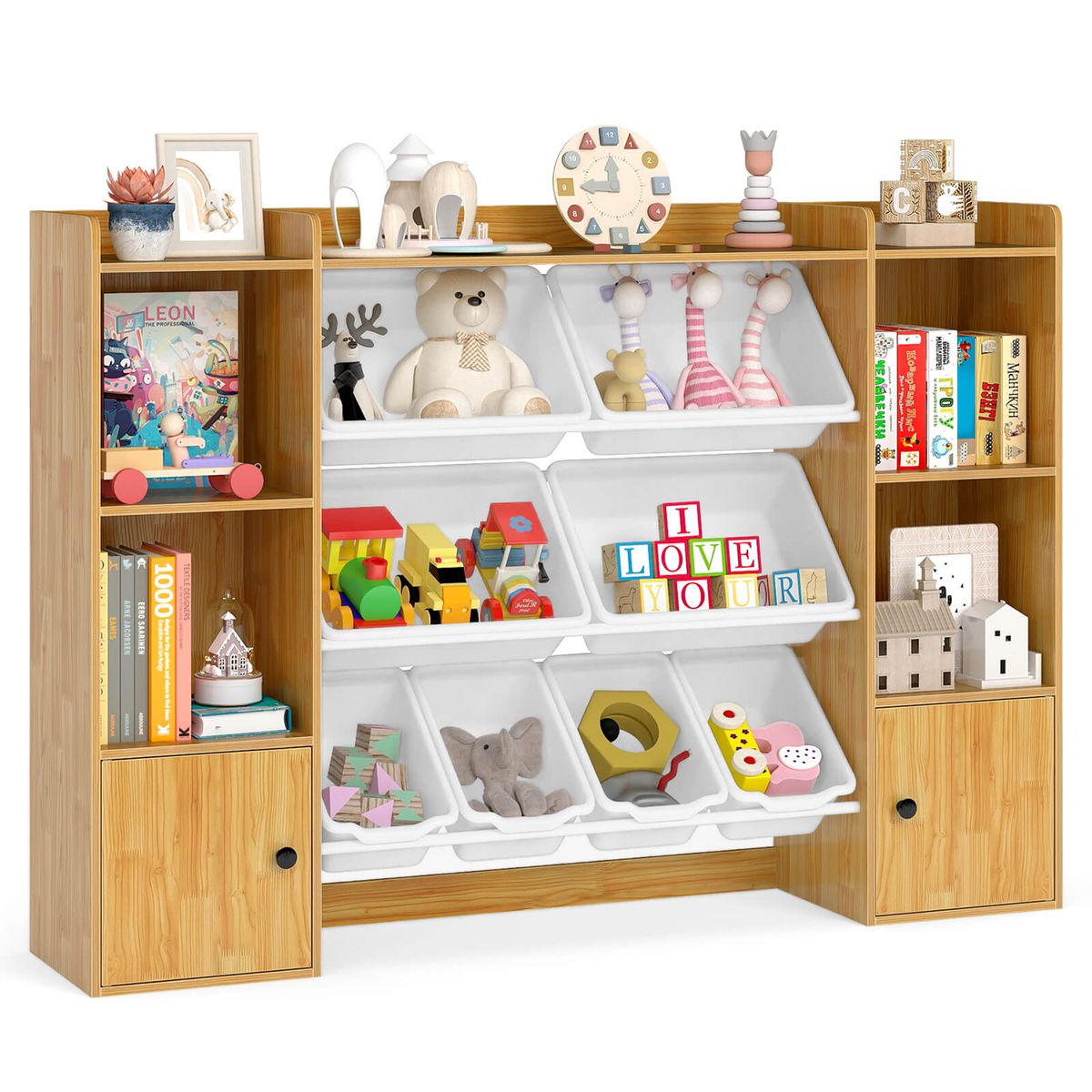 Kids Toy Storage and Bookshelf with 8 Bins - Beige