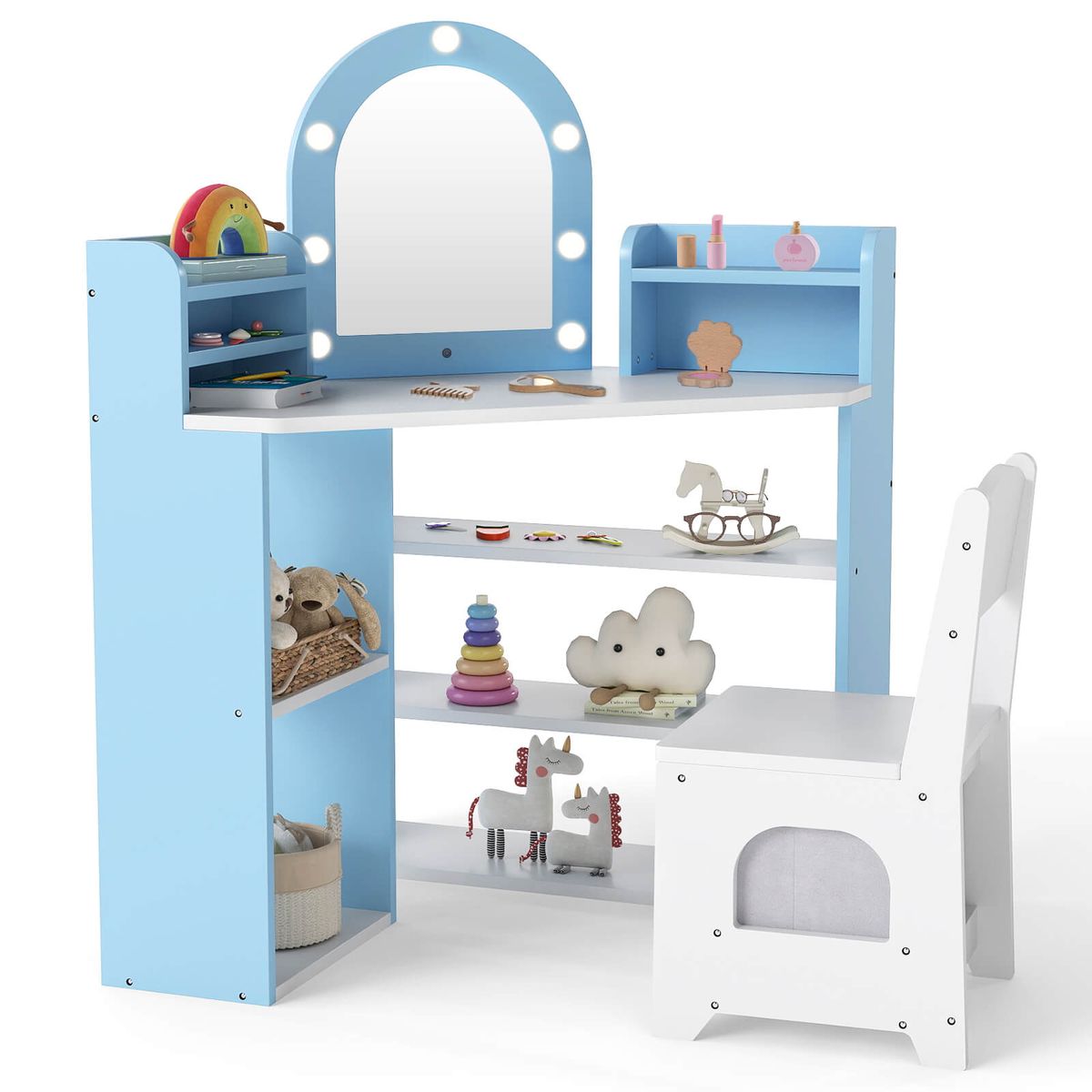 Corner Kids Vanity with Lights and Shelves - Blue + White