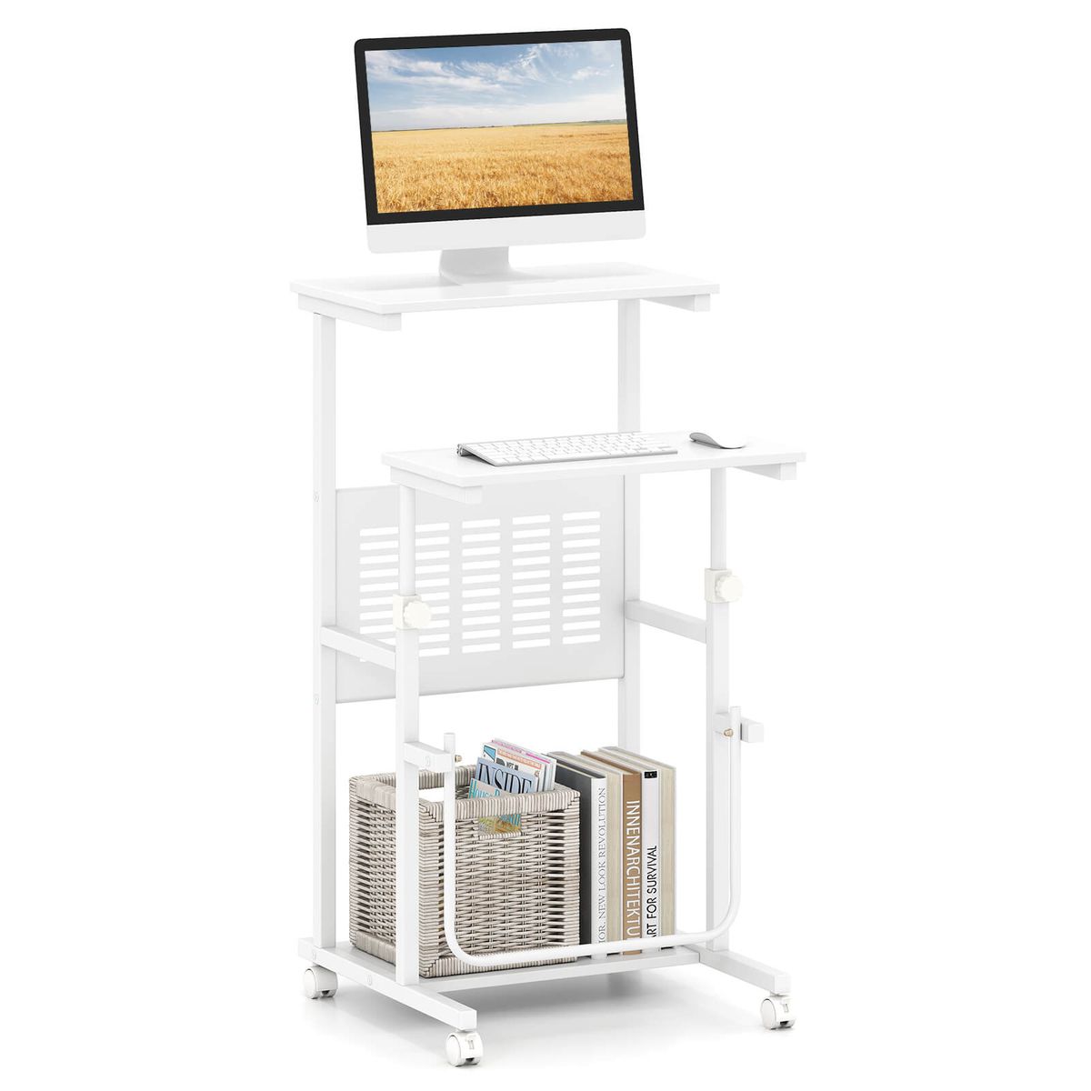 Adjustable Wheeled Standing Desk with Protective Mesh Panels - White