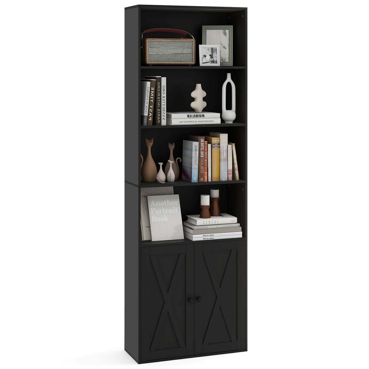 71" Farmhouse Bookcase with 6 Storage Shelves and 2 Doors - Black